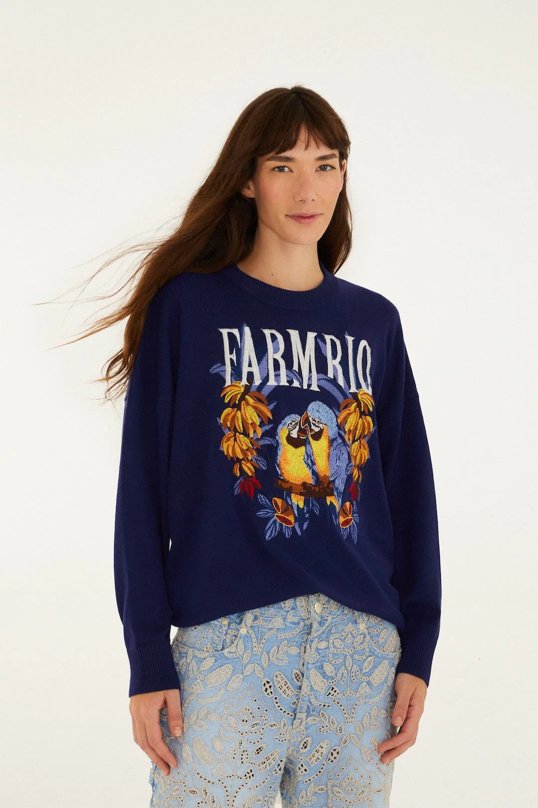 Dark Blue Love Birds Embroidered Sweater