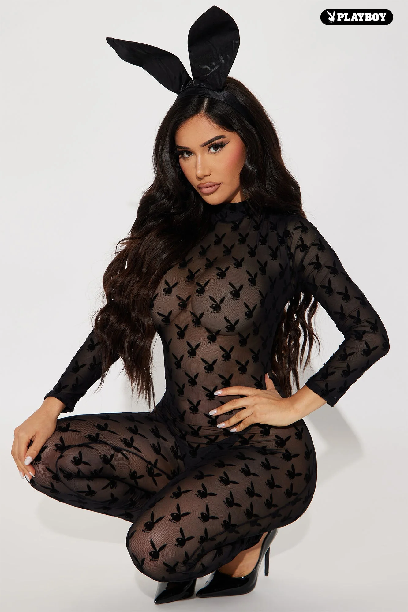 Playboy Peep Show Bunny 2 Piece Costume Set - Black