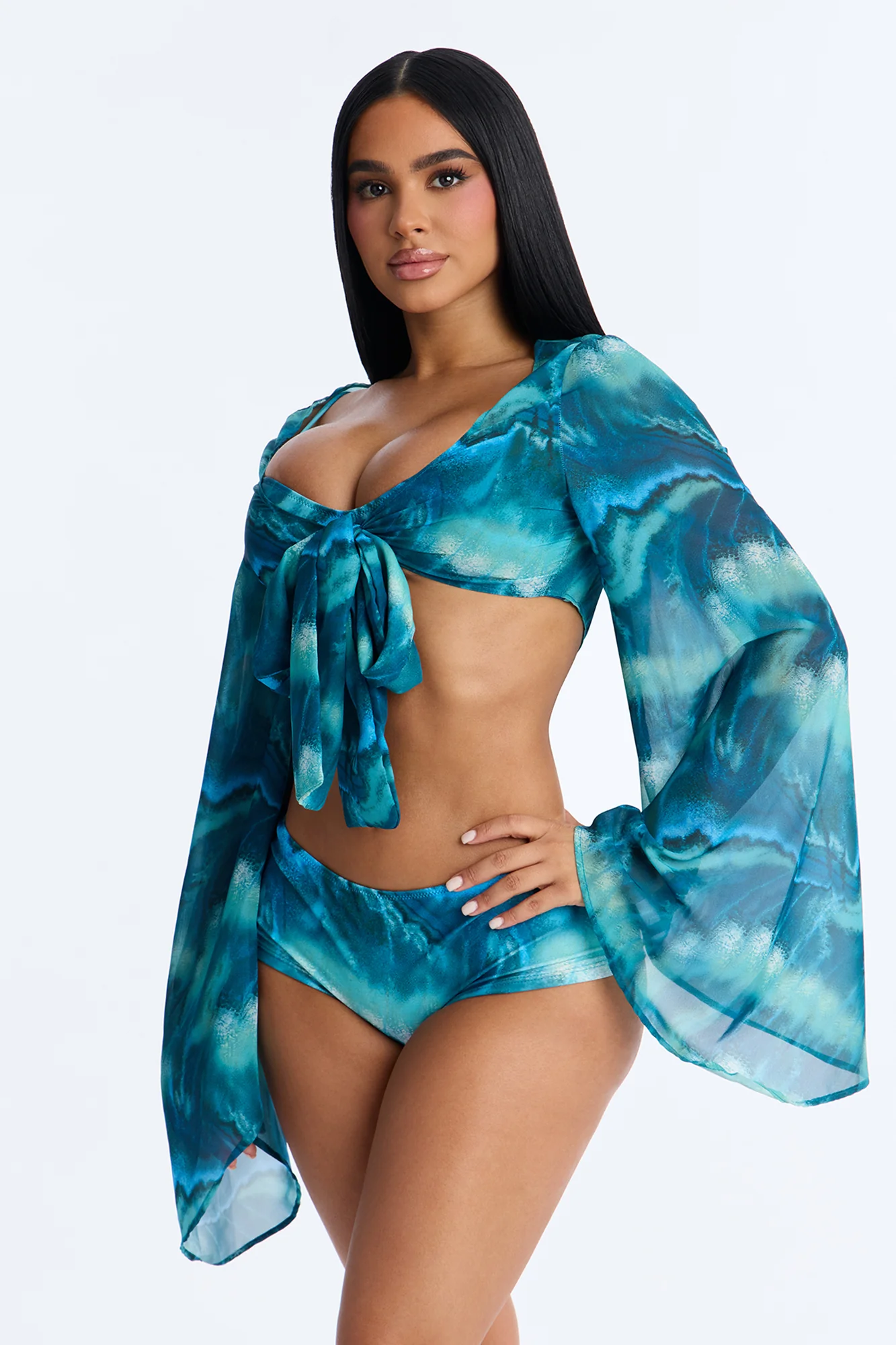 Lola 3 Piece Boyshort Bikini And Coverup - Blue/combo