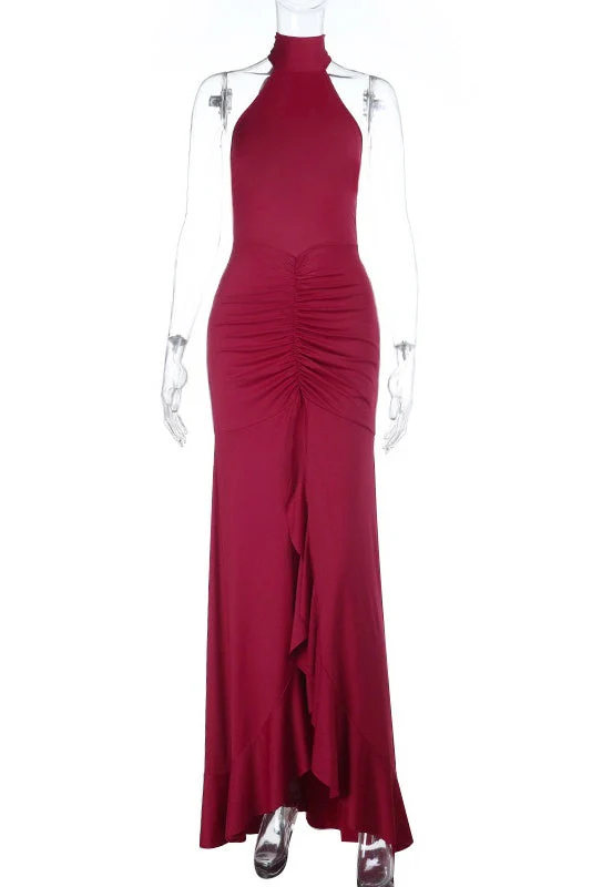 Burgubdy Halter Tie Long Mermaid Dress