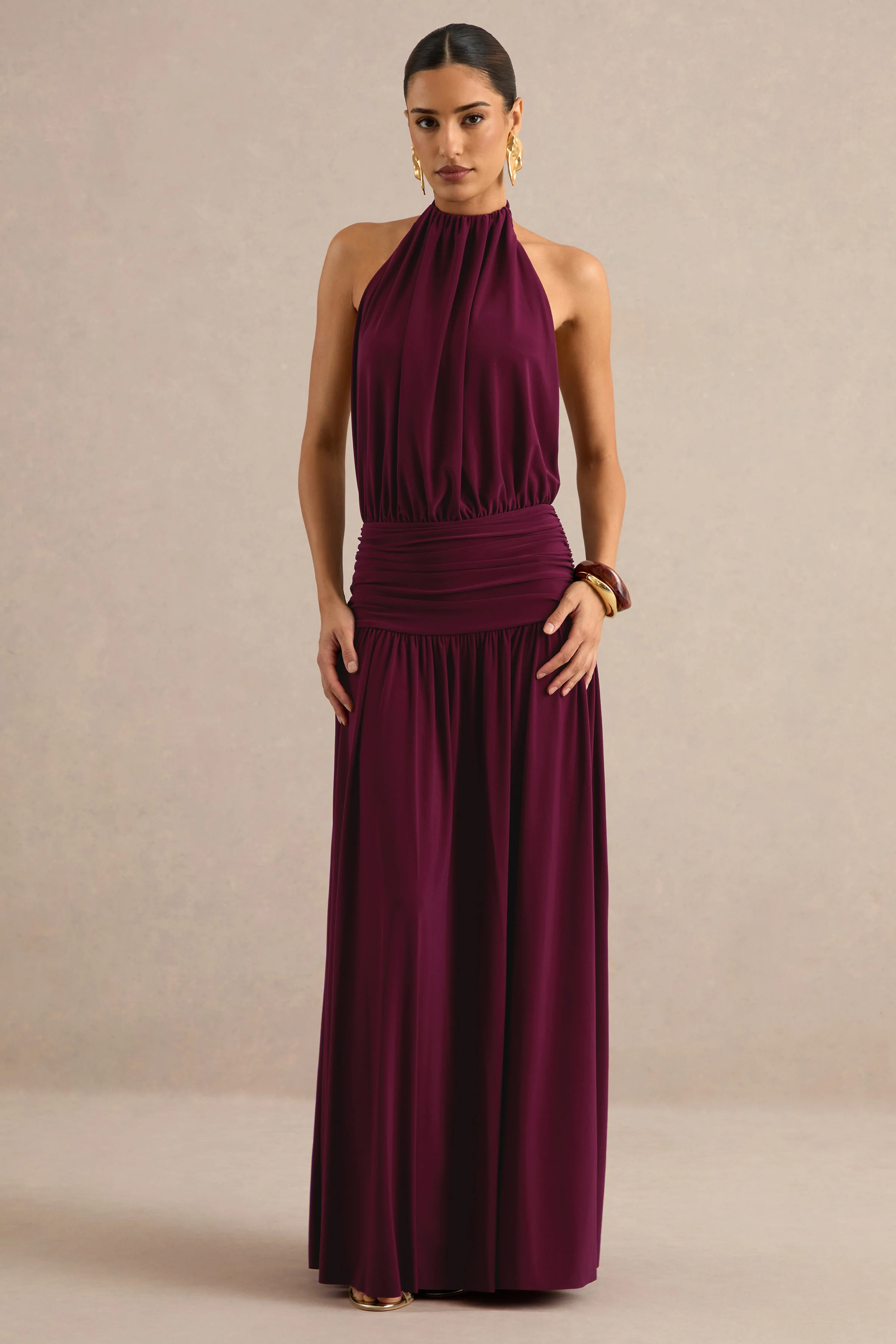 Hilarie | Burgundy Jersey Ruched High Neck Maxi Dress With Open Back
