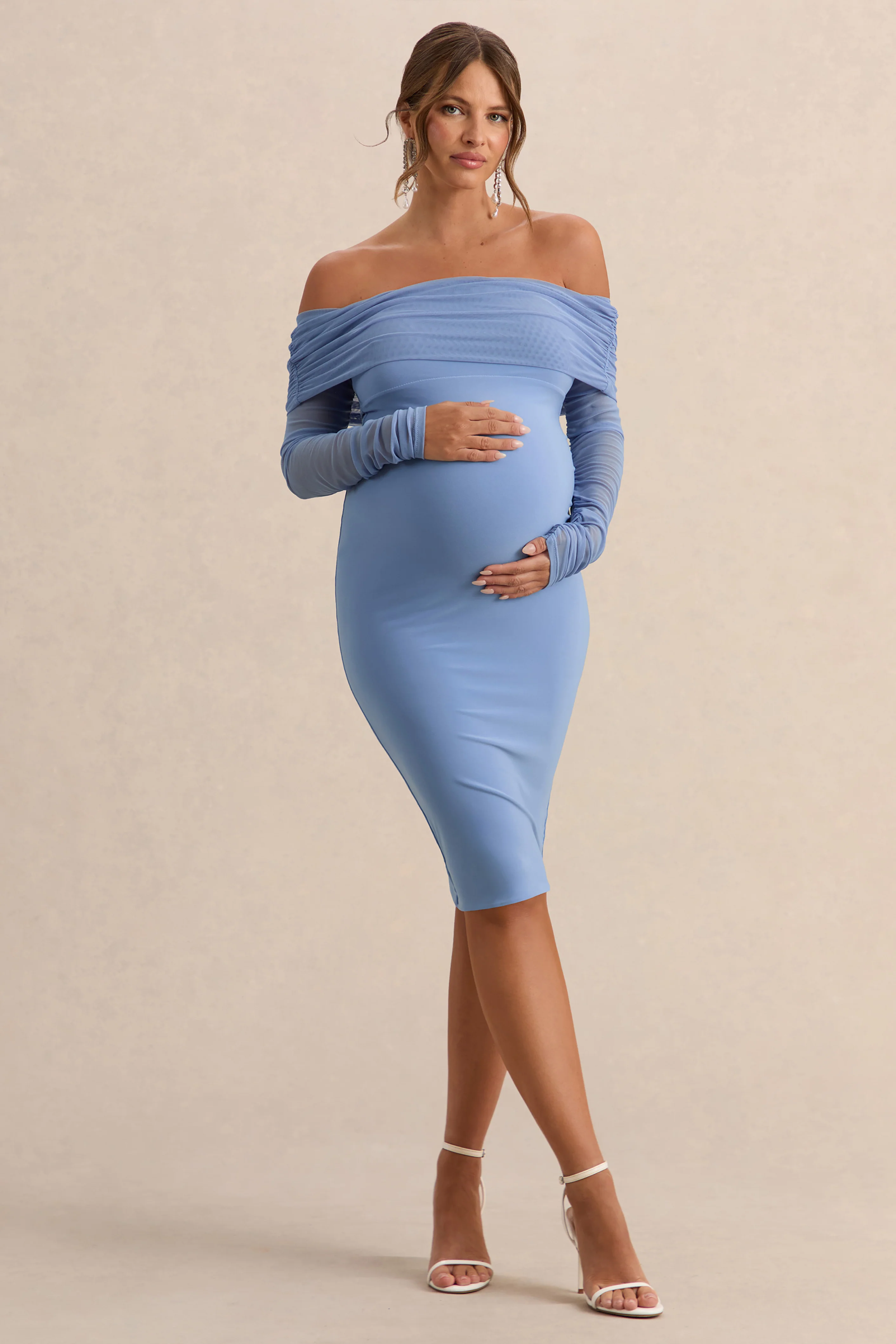 Patiently Waiting | Powder Blue Maternity Ruched Mesh Bardot Midi Dress