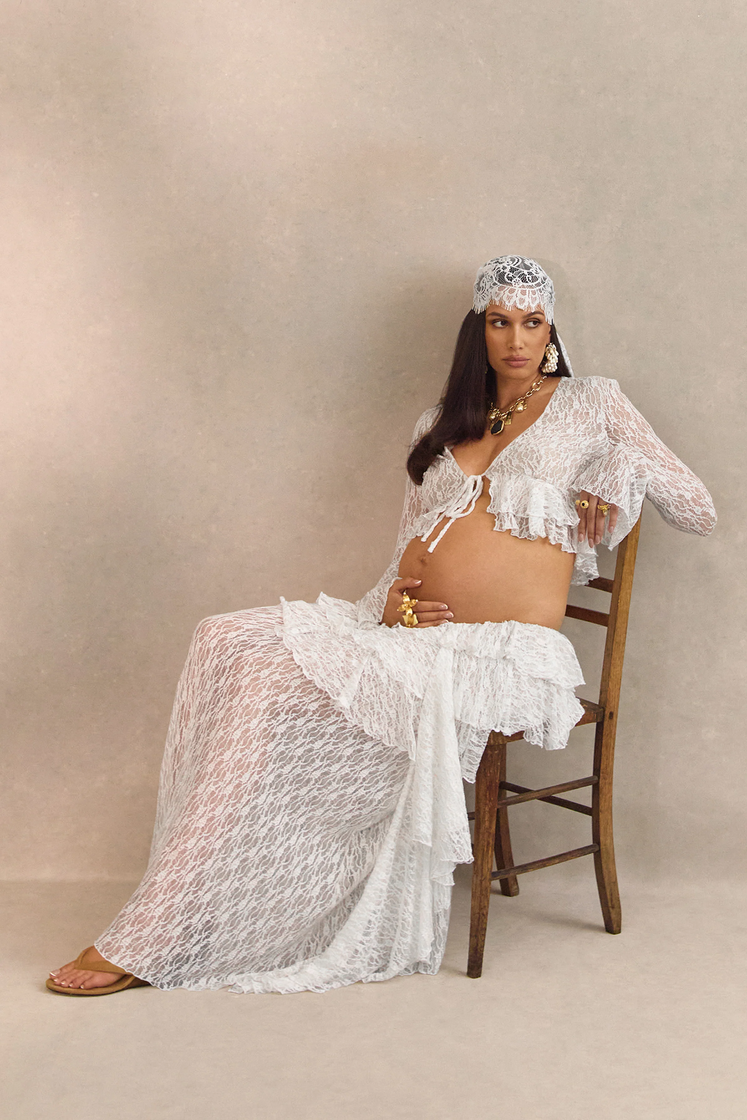 Astella | White Lace Asymmetric-Waist Maxi Skirt With Ruffled Detailing