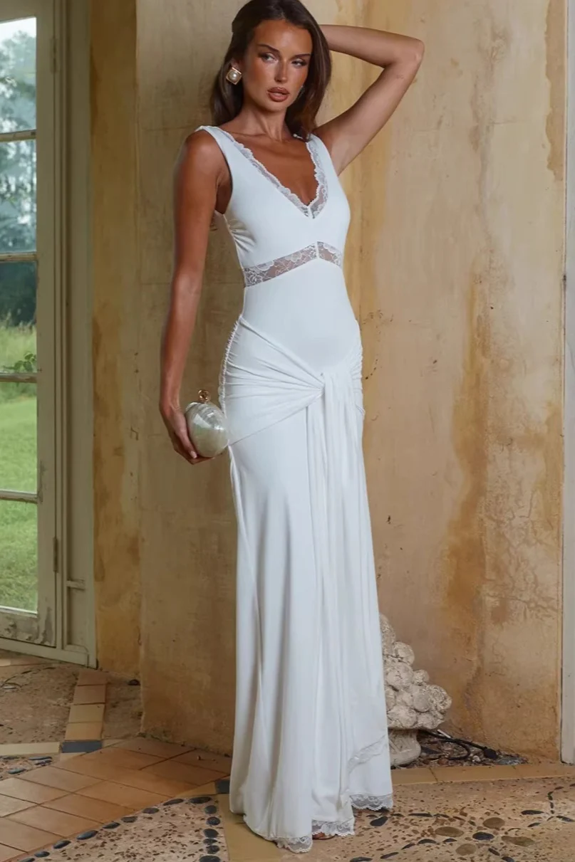 Lace Panel Bodycon With Tie Straps Maxi Dress
