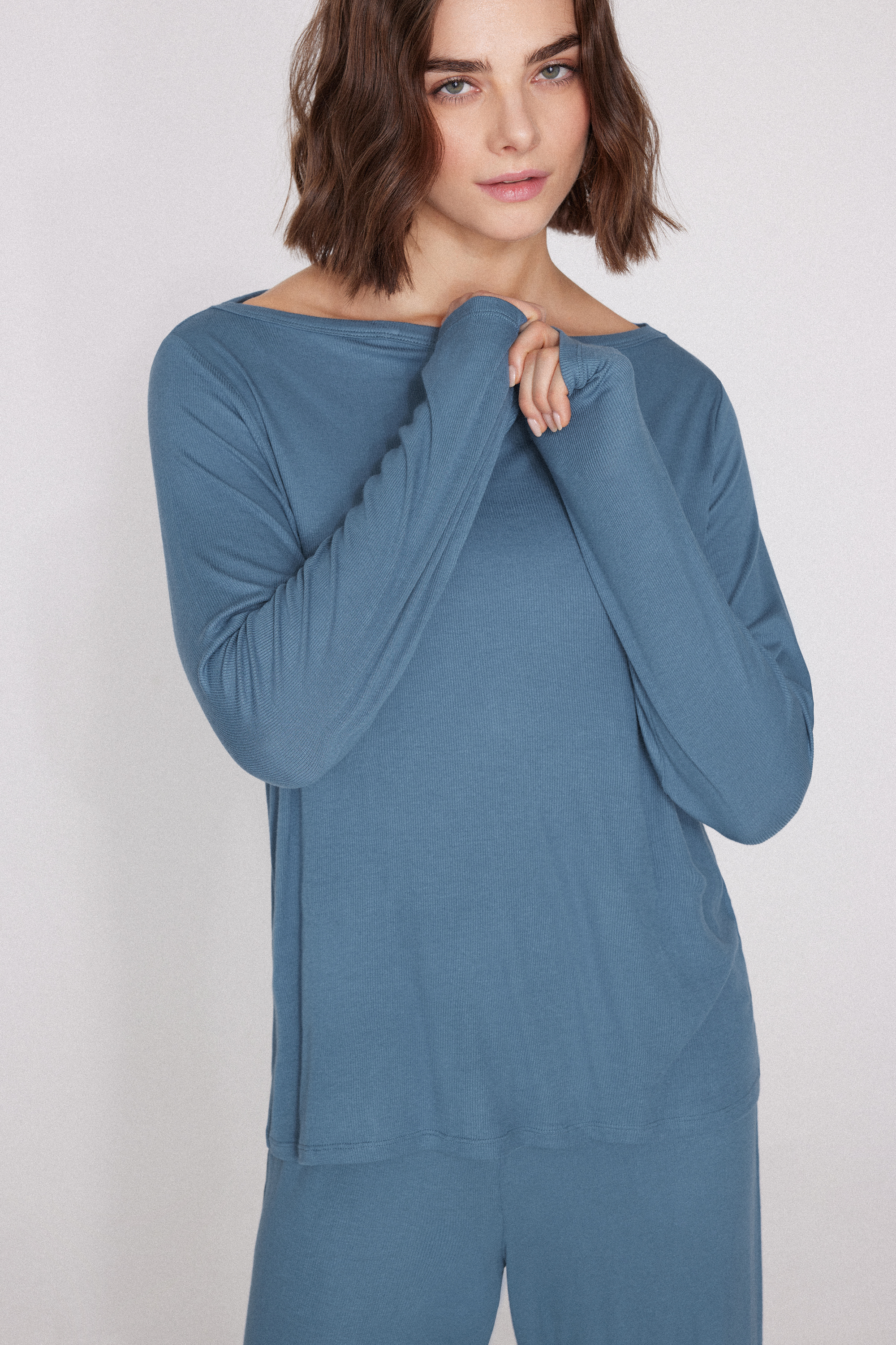 Long Ribbed Pyjamas with Boat Neckline