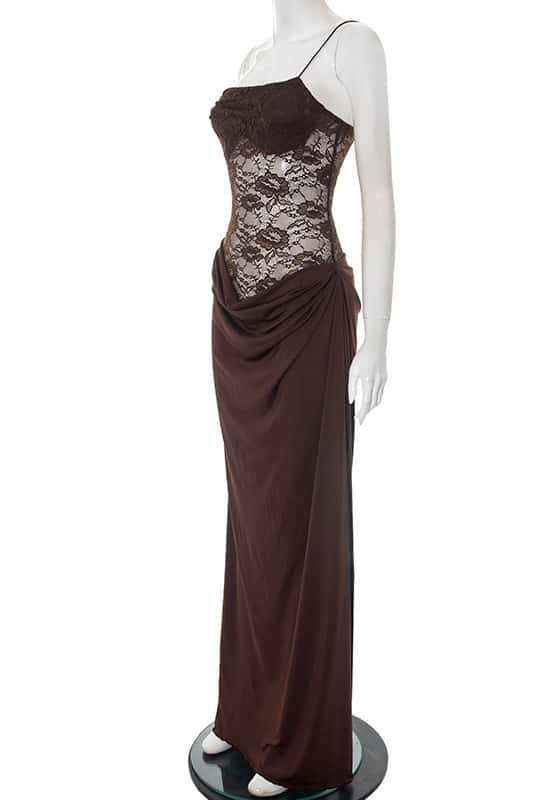 One Shoulder Brown Sheer Lace Ruched Long Dress