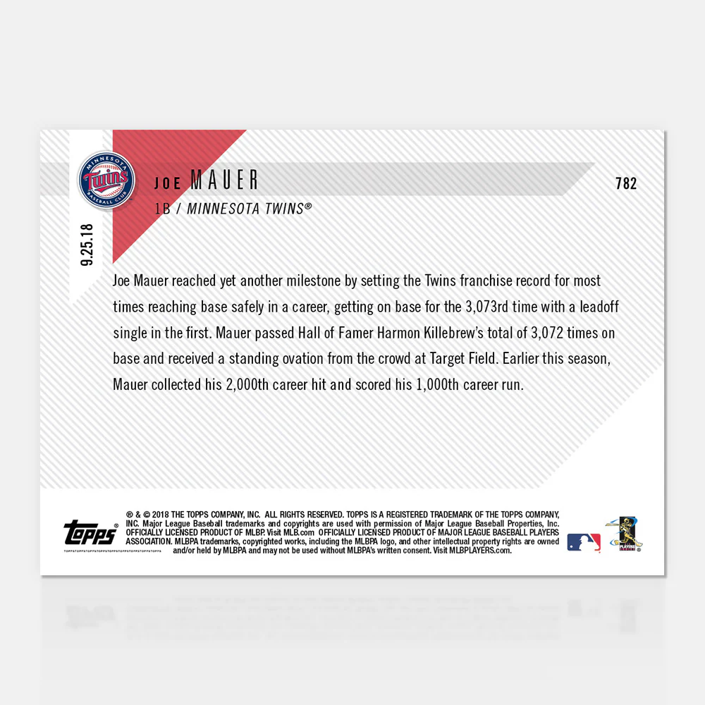 Joe Mauer - 09/25/2018 TOPPS NOW® Card 782 - Print Run: 205
