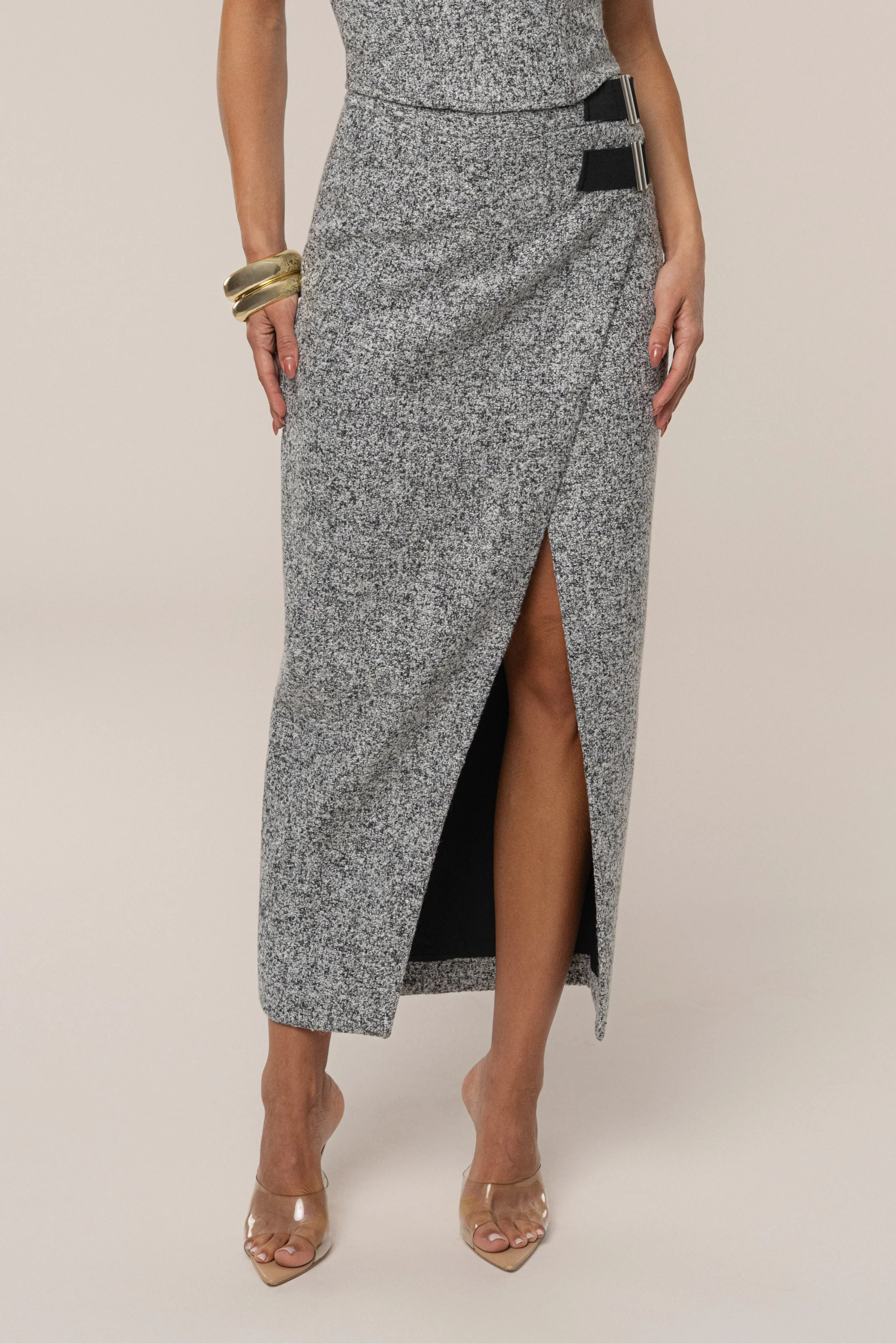 Lt. Grey Gisele Tweed Slit Skirt