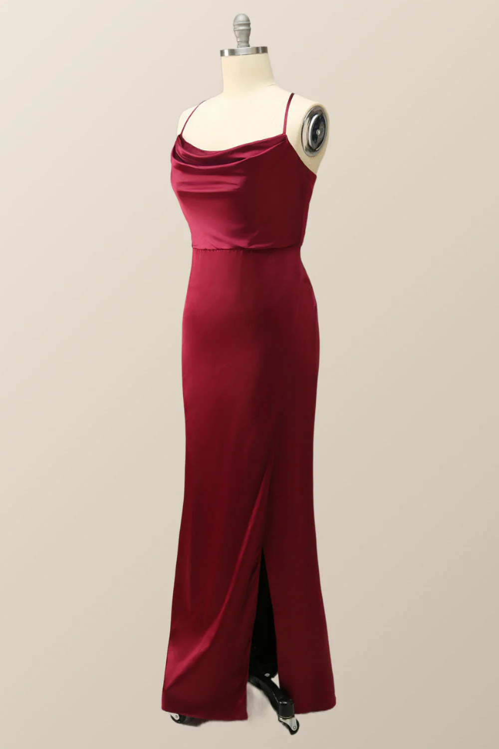 Cowl Neck Wine Red Straps Long Evening Dress