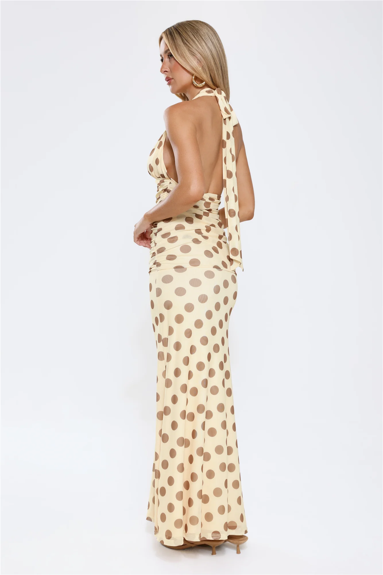 Nightlife Icon Halter Polka Dot Maxi Dress Yellow