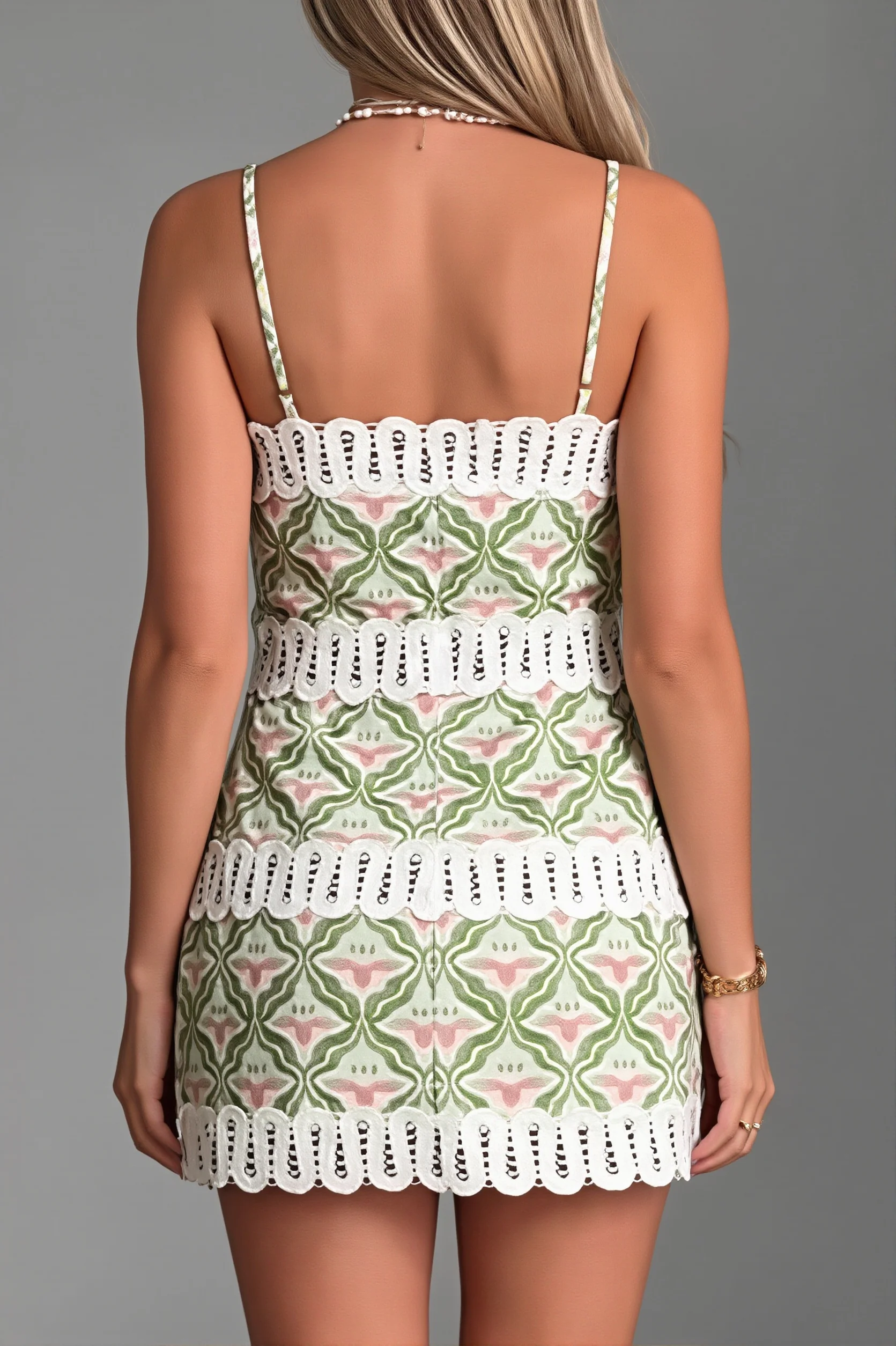 Linen Printed Cutout Lace Cami Mini Dress