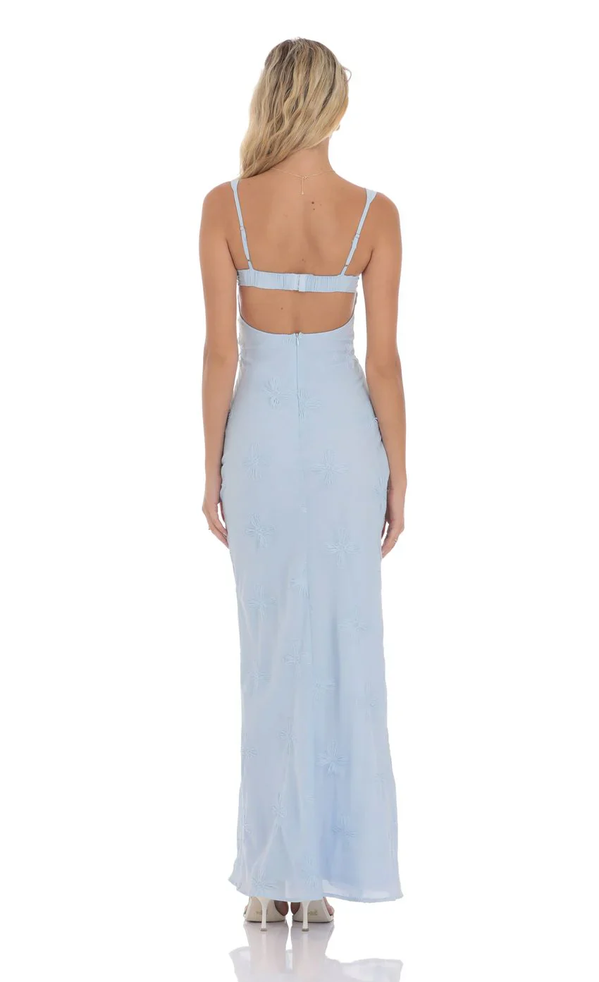 Floral Open Back Mermaid Maxi Dress in Light Blue
