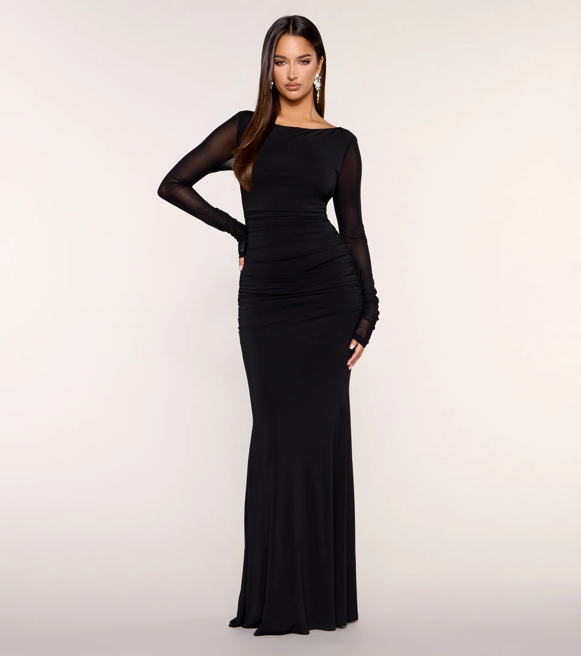 Tove Ruched Mesh Long Sleeve Mermaid Dress