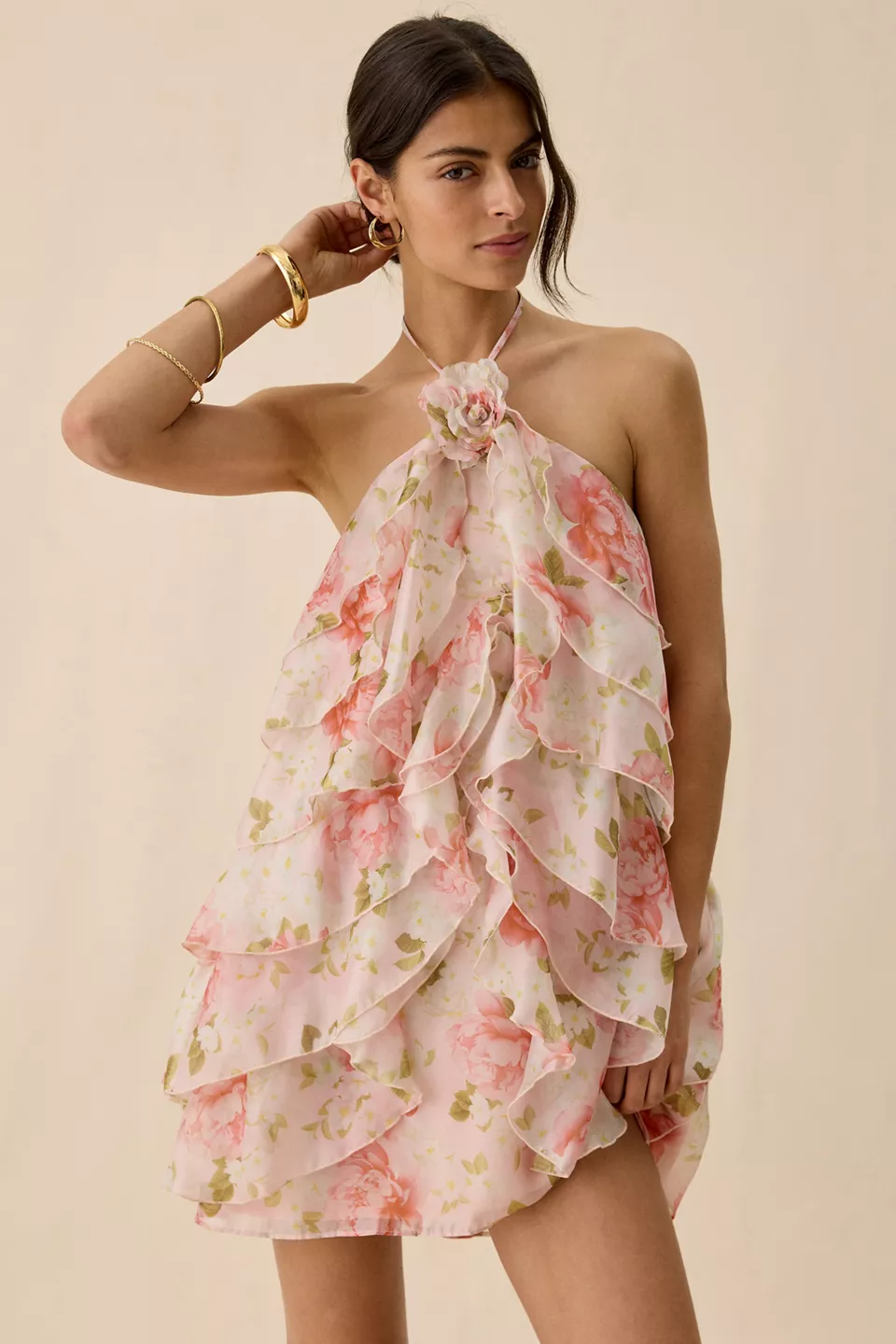 ASTR The Label Ofra Ruffle High Neck Halter Mini Dress