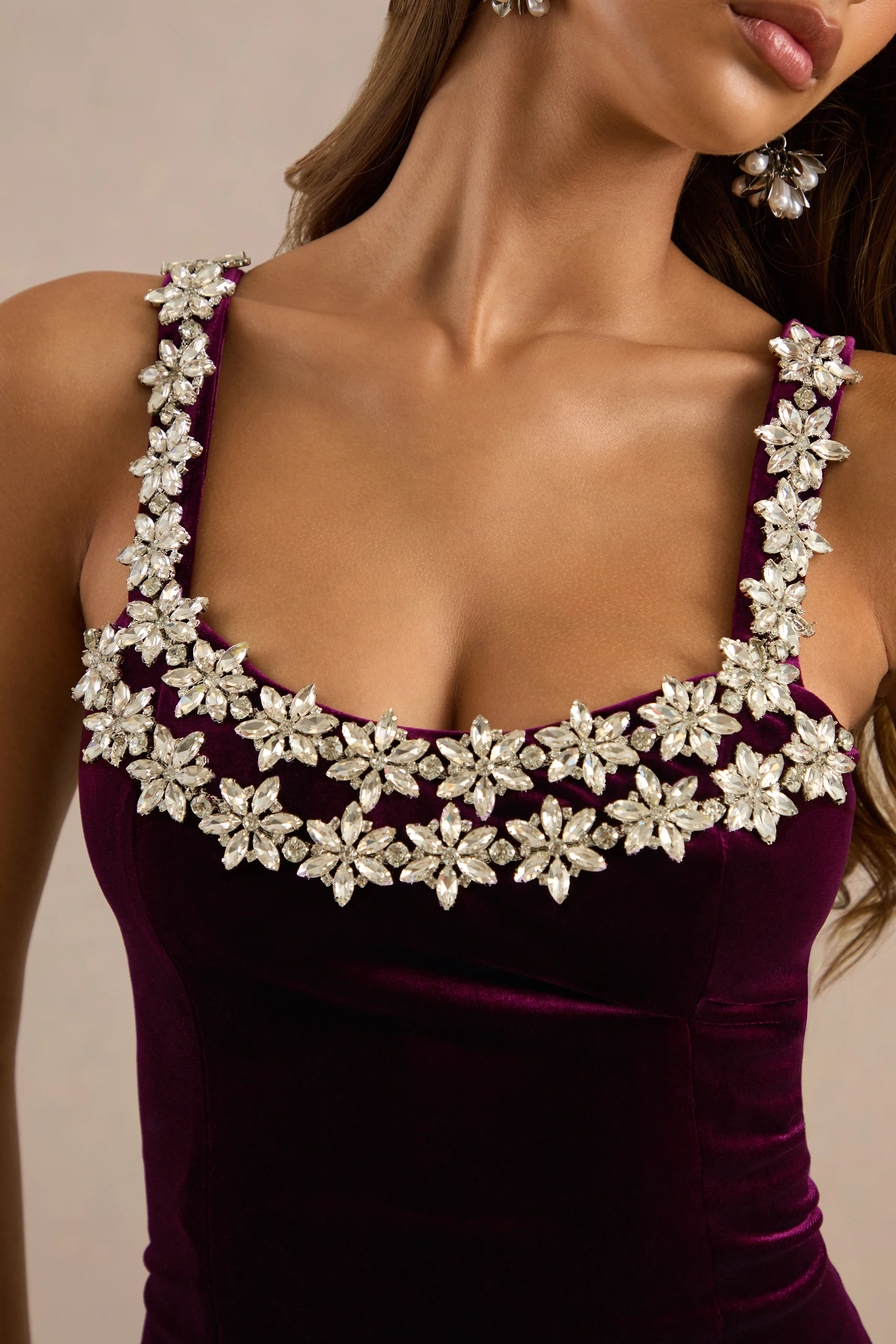 Eilin | Burgundy Velvet Square Neck Maxi Dress With Embellished Detailing And Back Split