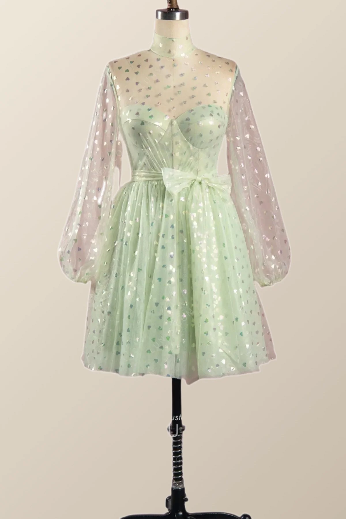 Puffy Long Sleeves Sage Green A-line Homecoming Dress