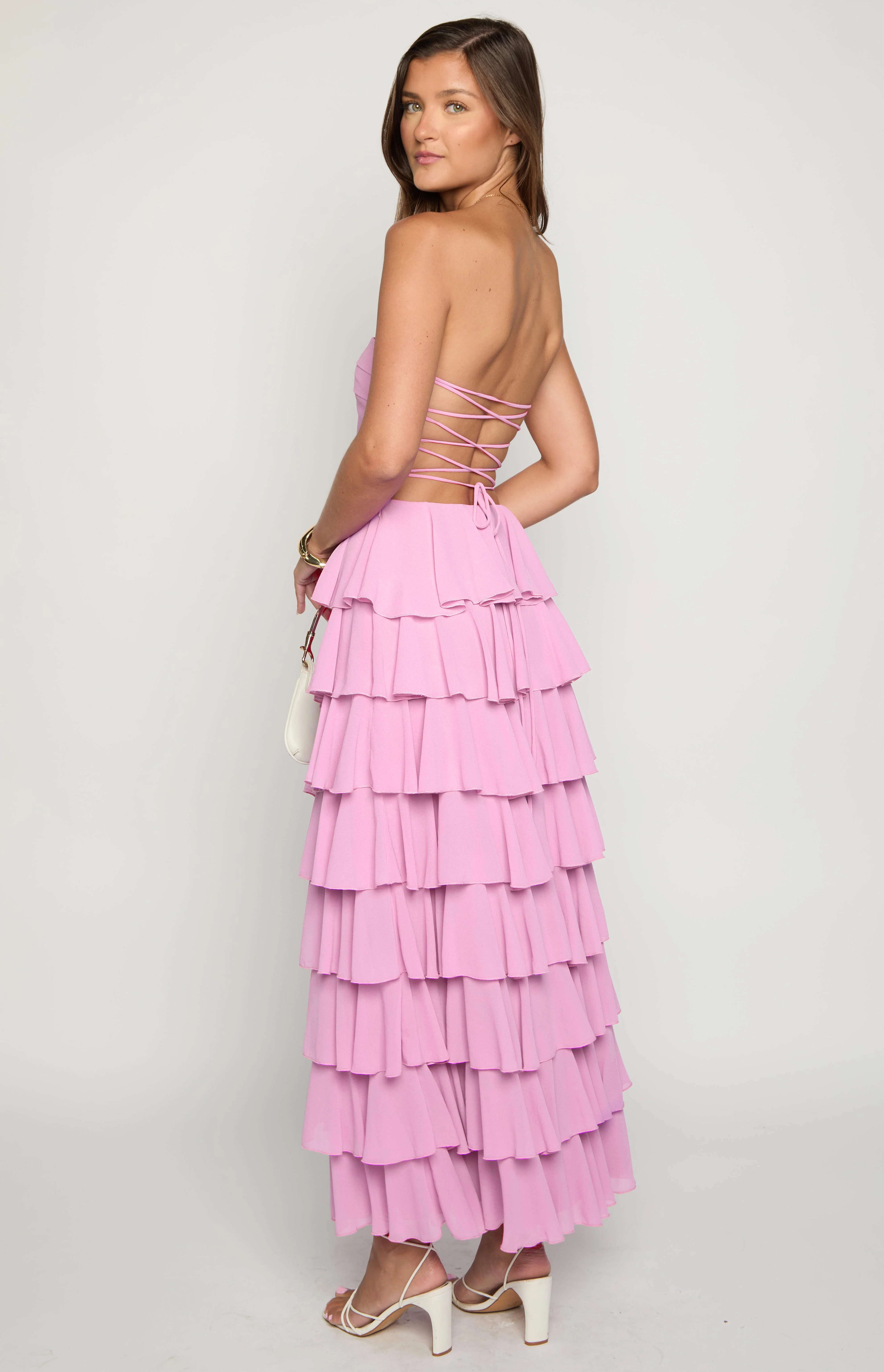 Kim Pink Strapless Ruffle Maxi Dress