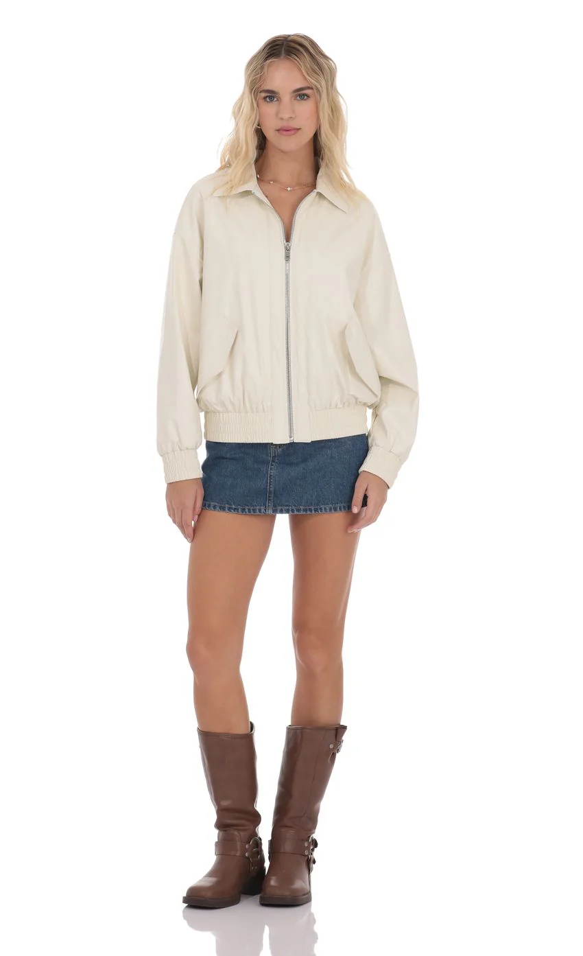 Woven Faux Leather Bomber Jacket in Black