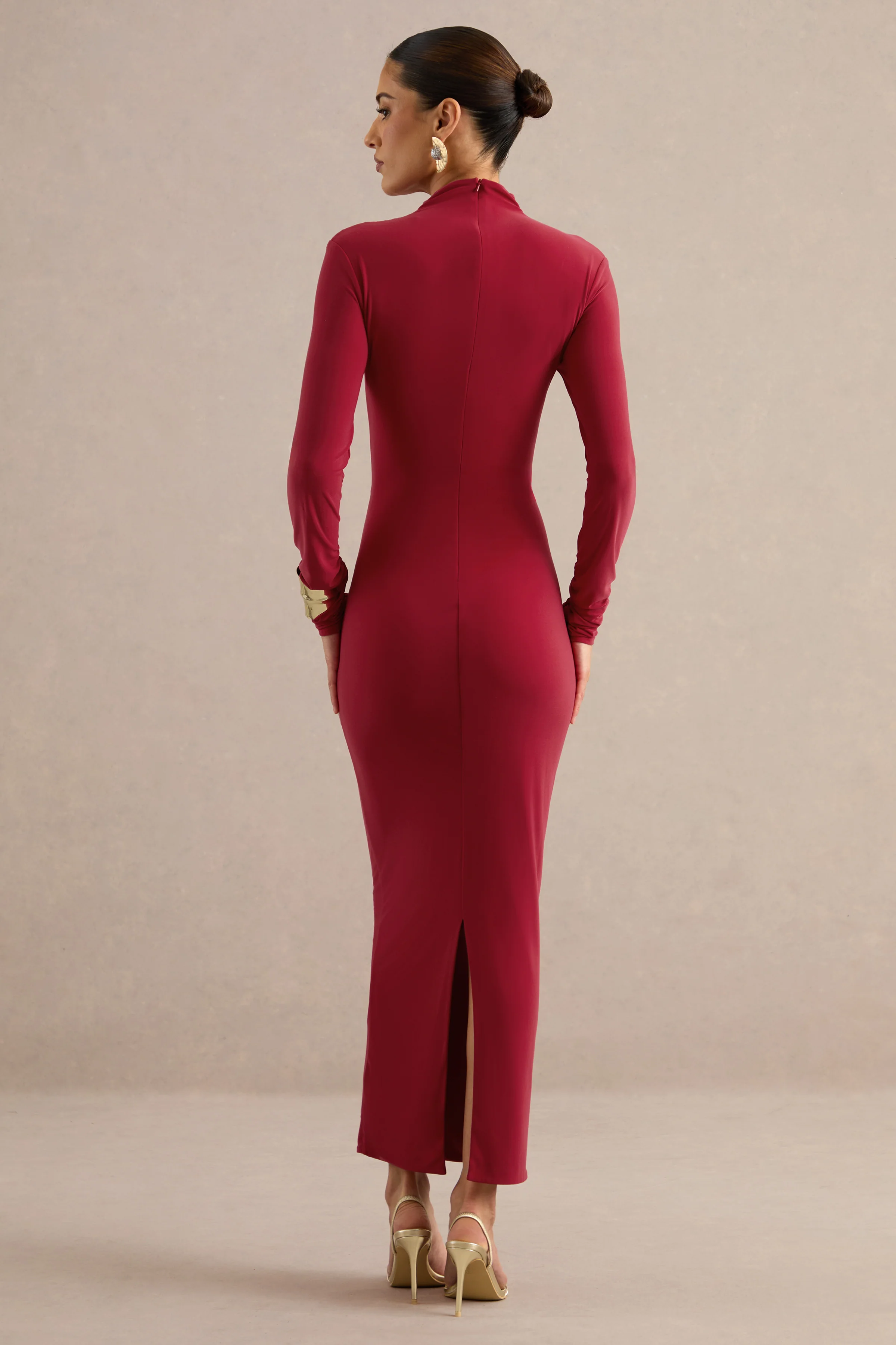 Erienne | Red Jersey High Neck Long Sleeve Maxi Dress With Gathered Detailing And Back Split