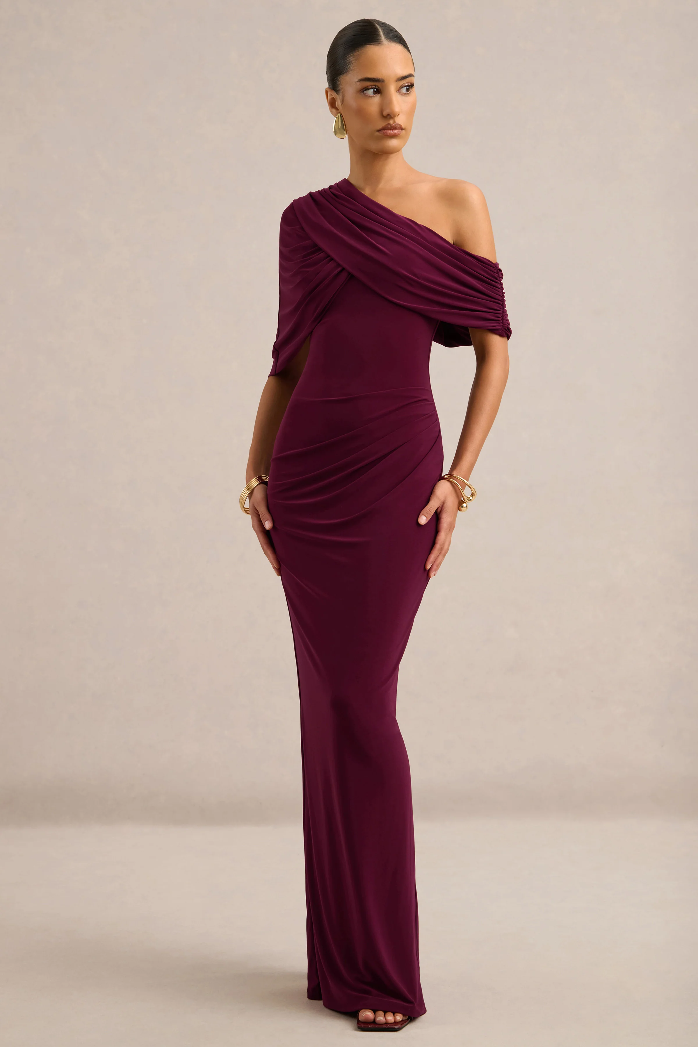 Solenne | Burgundy Jersey One Shoulder Short Sleeve Maxi Dress With Ruching