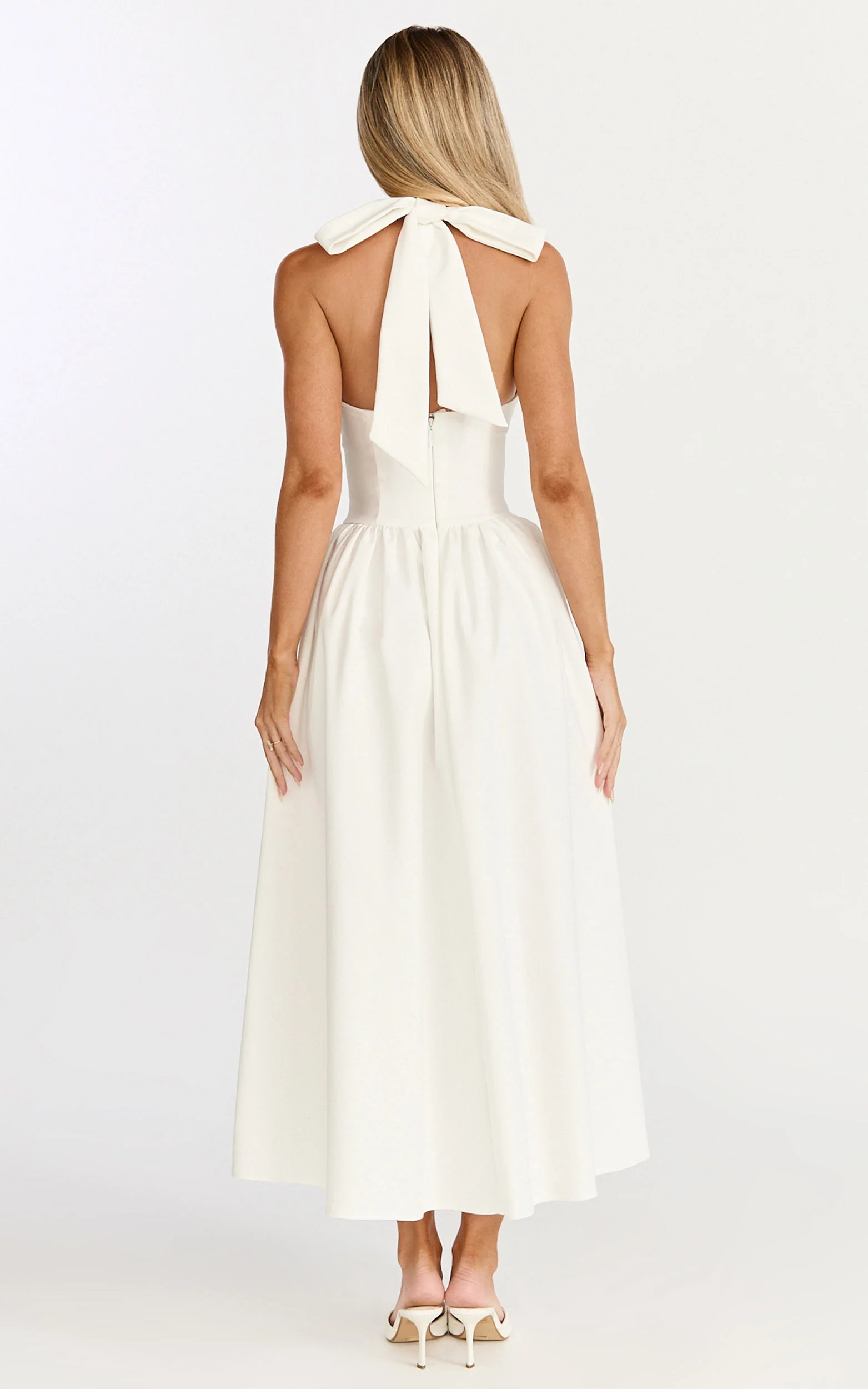 Helda Midi Dress Halter Tie Neck Corset Panel Dress in Off White