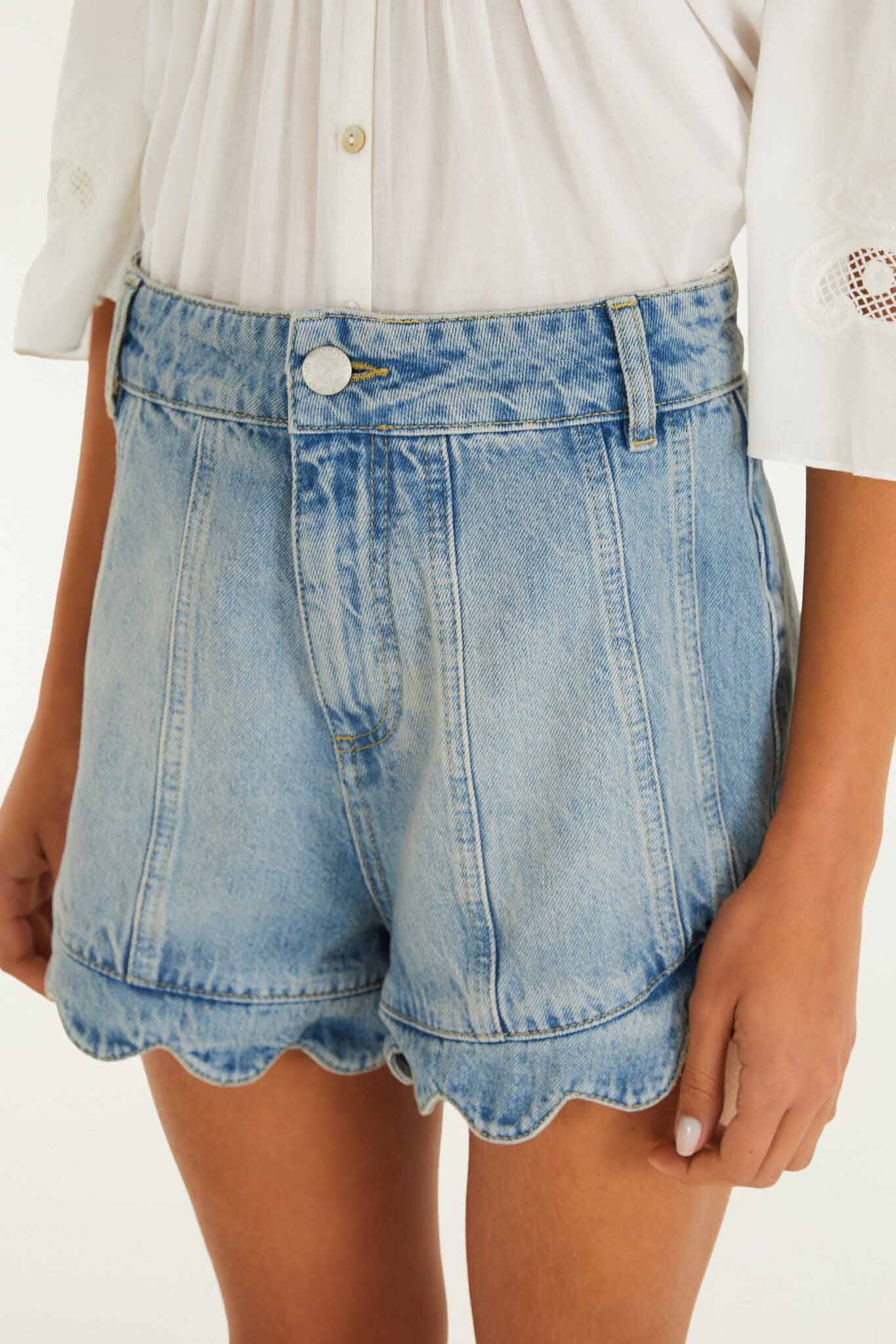 Light Denim Romantic Wavy Hem Shorts
