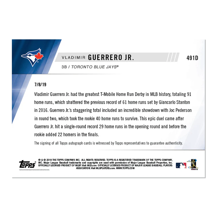 On-Card Autograph # to 10 - Vladimir Guerrero Jr. - MLB TOPPS NOW® Card 491D