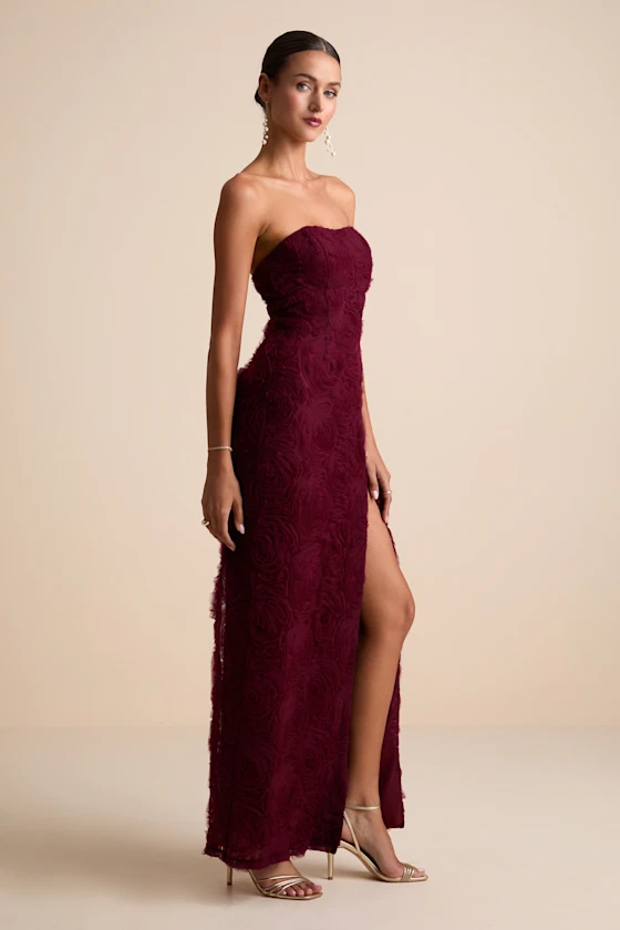 Amalia Burgundy Textured Strapless Maxi Dress