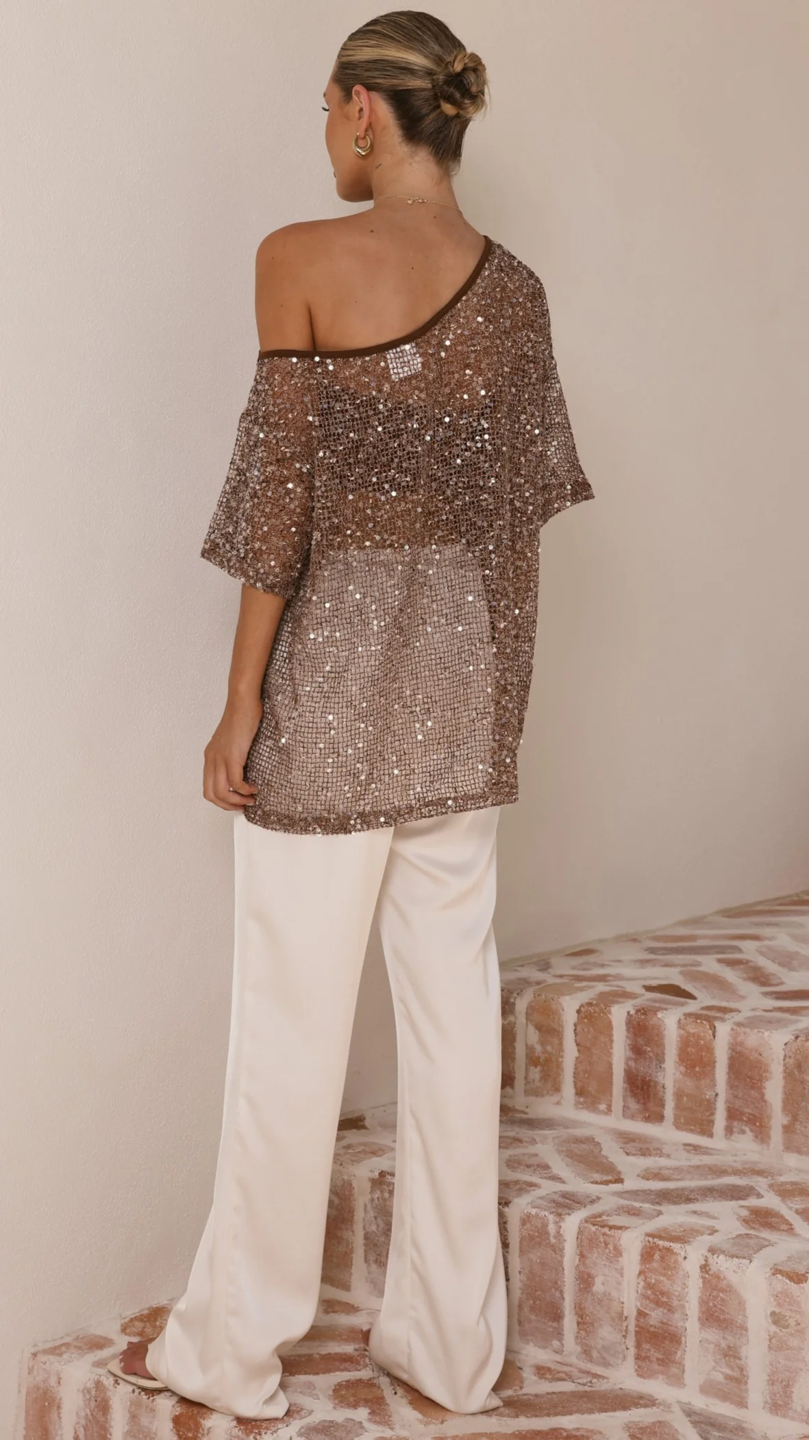Zinnie Sequins Off Shoulder Top - Mocha