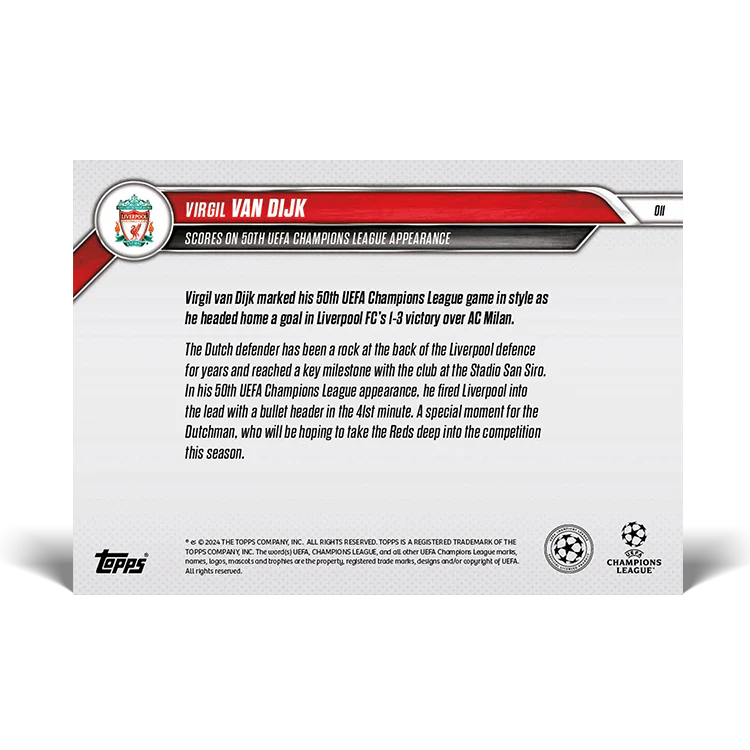 Virgil van Dijk - Scores on 50th UEFA Champions League appearance - 24/25 UCC TOPPS NOW® Card 11