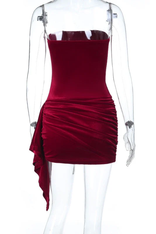 Burgundy Velvet Ruched Tight Short Dress