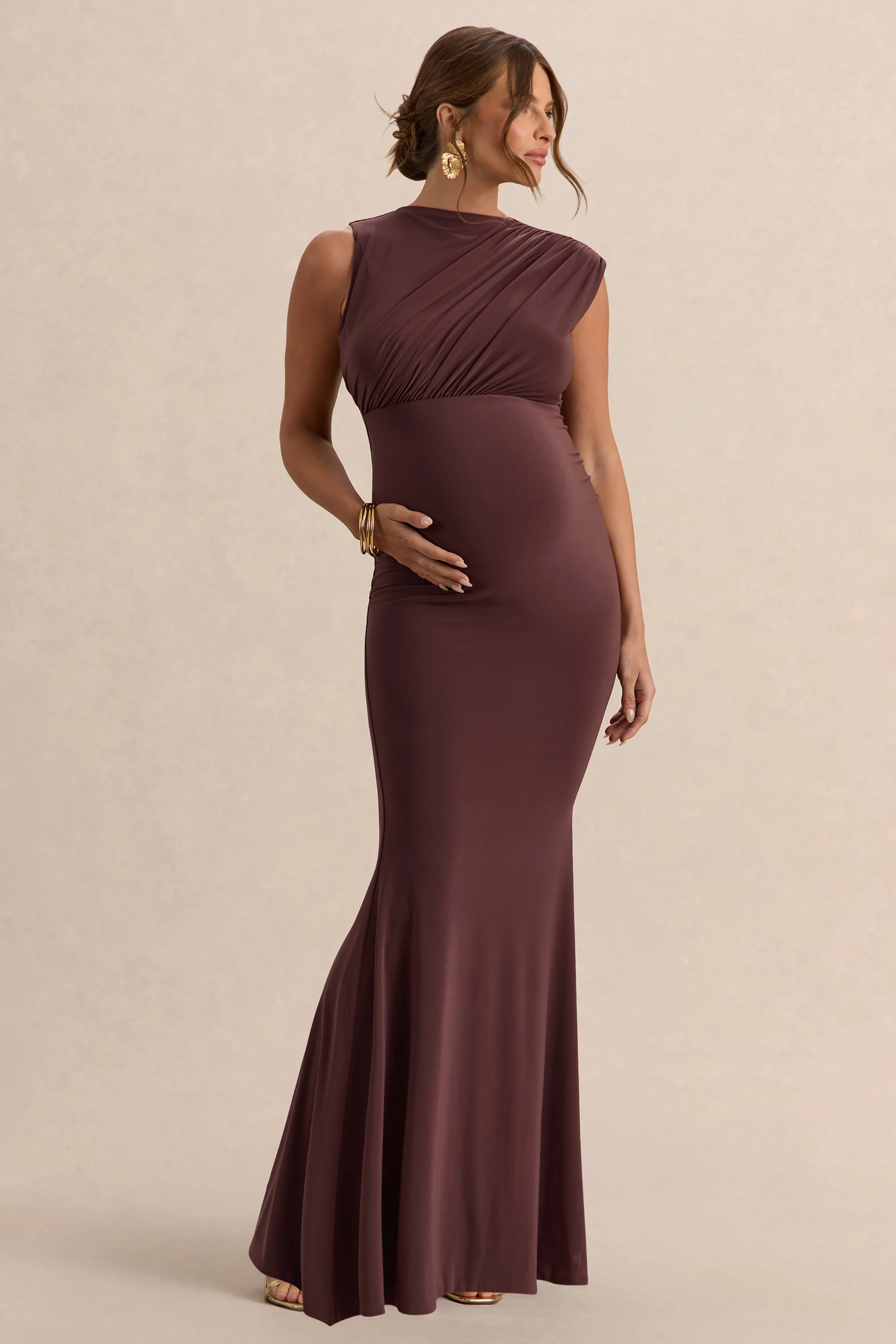 Osanna | Dark Brown Wide-Neck Maternity Maxi Dress With Ruched Detailing
