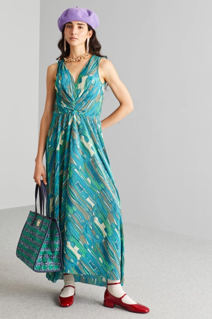 Long pleated jersey dress - PETROL GREEN