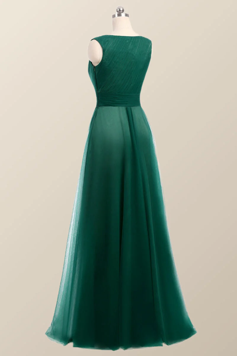 Bateau Green Tulle Long Bridesmaid Dress