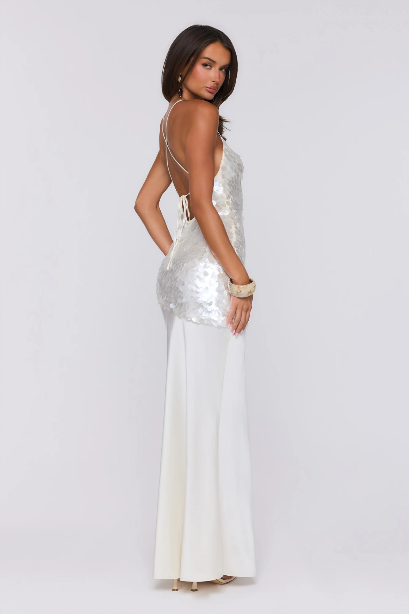 Shimmer Glow Sequin Maxi Dress Ecru White