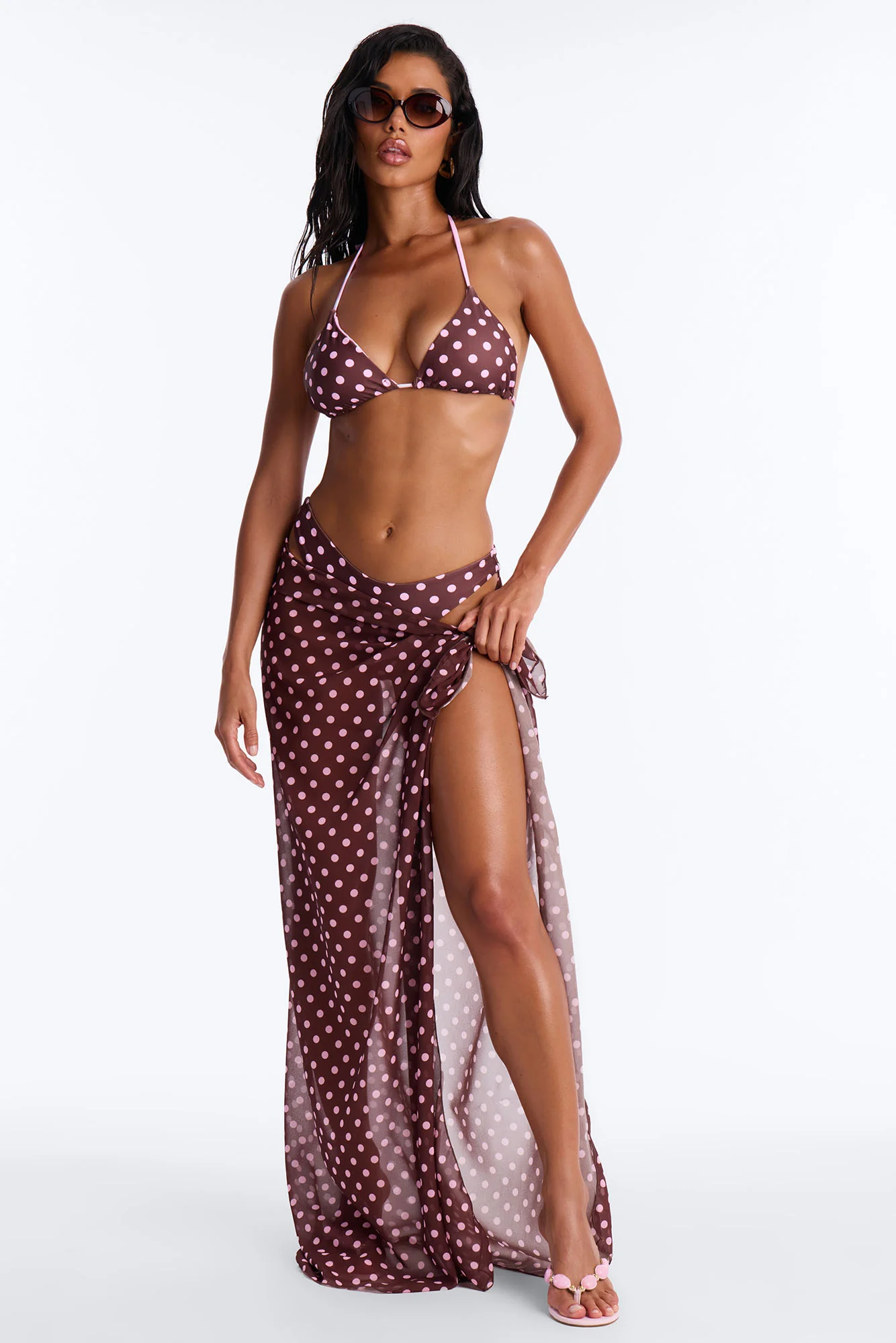 Beach Therapy Polka Dot Contrast Maxi 3 Piece Bikini Sarong Set - Purple/combo
