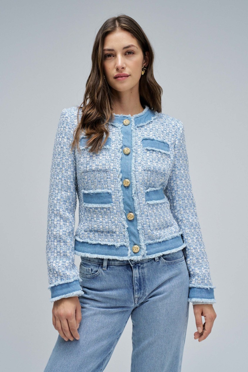 TWEED COAT WITH DENIM DETAILS