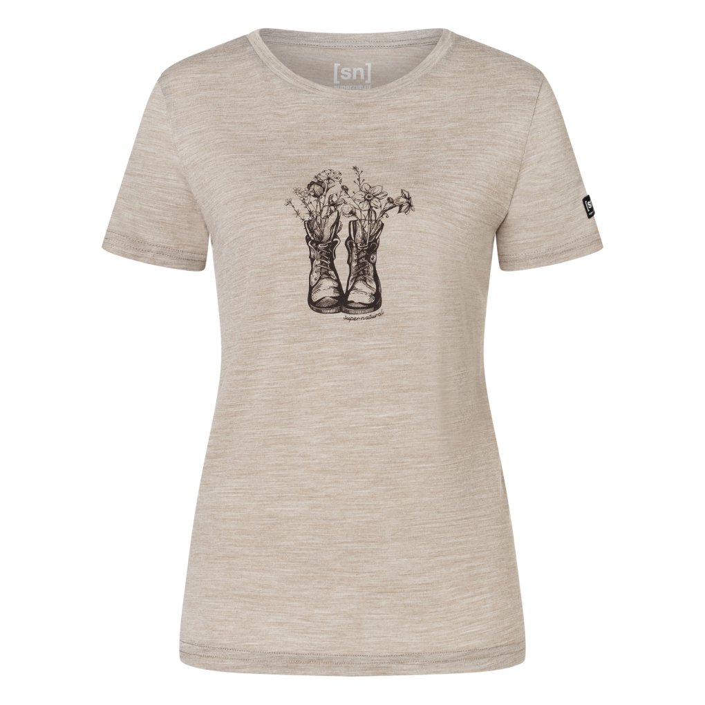 SUPER.NATURAL Flower Boots Tee Women - Vintage Khaki Melange/Chocolate Bean
