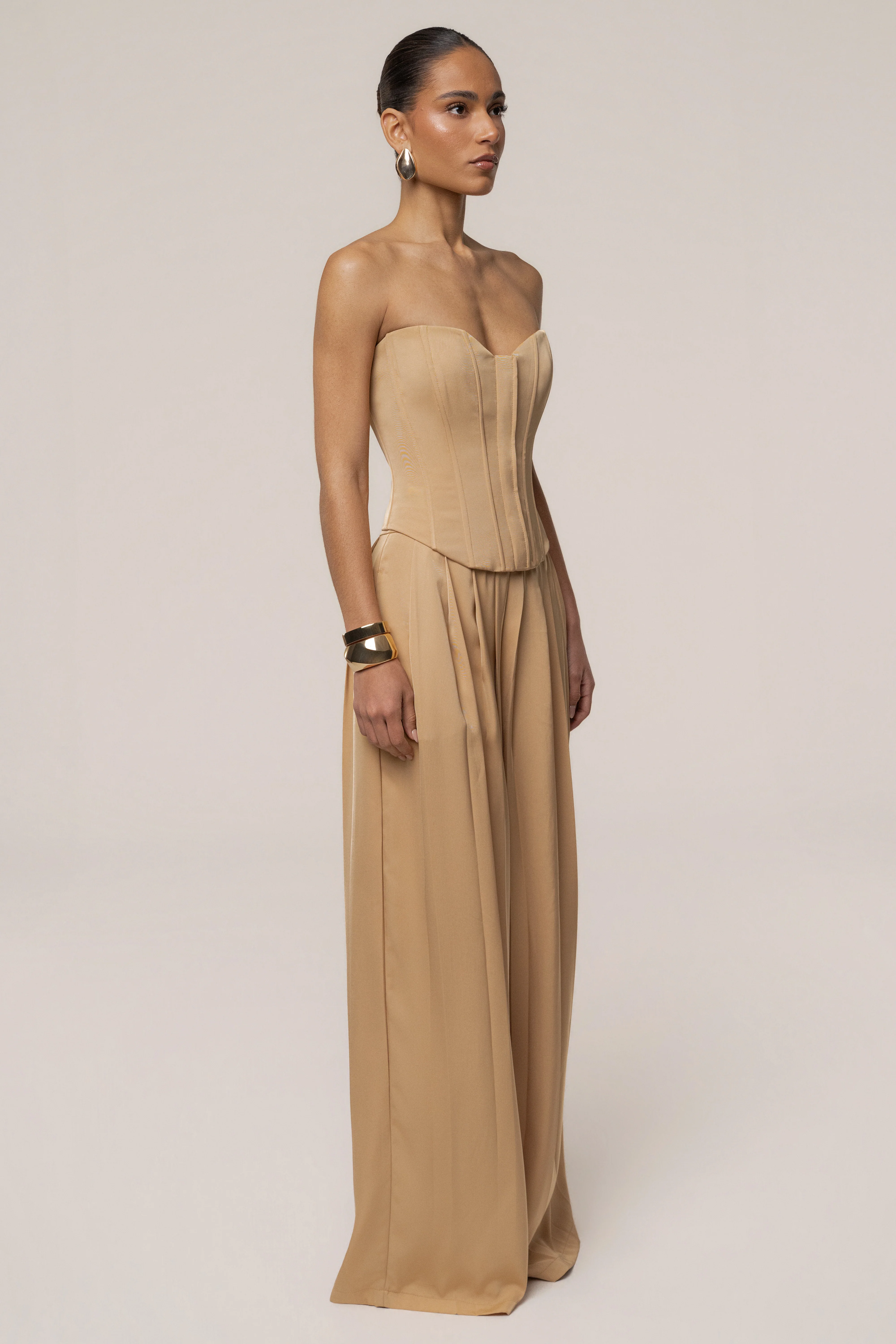 Beige Clara Wide Leg Pleated Trousers