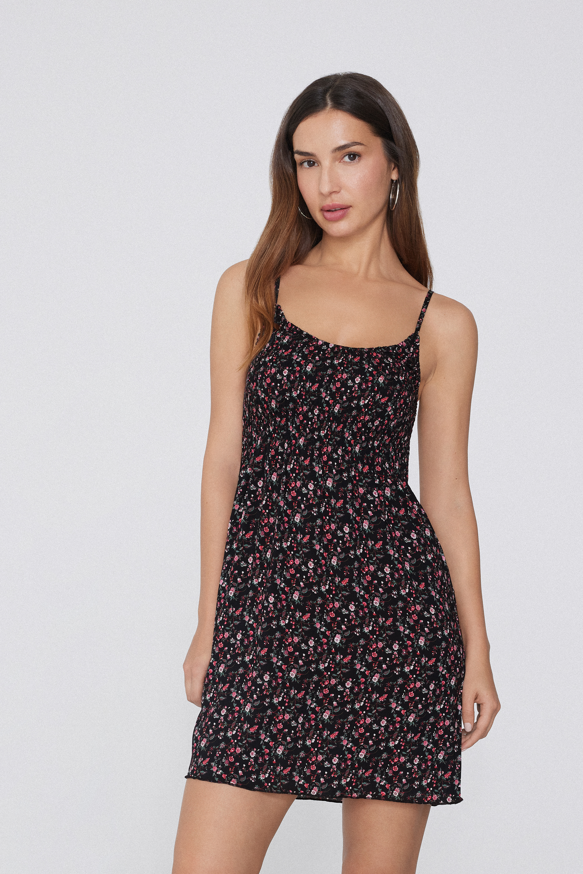 Viscose Smocked Dress with Narrow Shoulder Straps