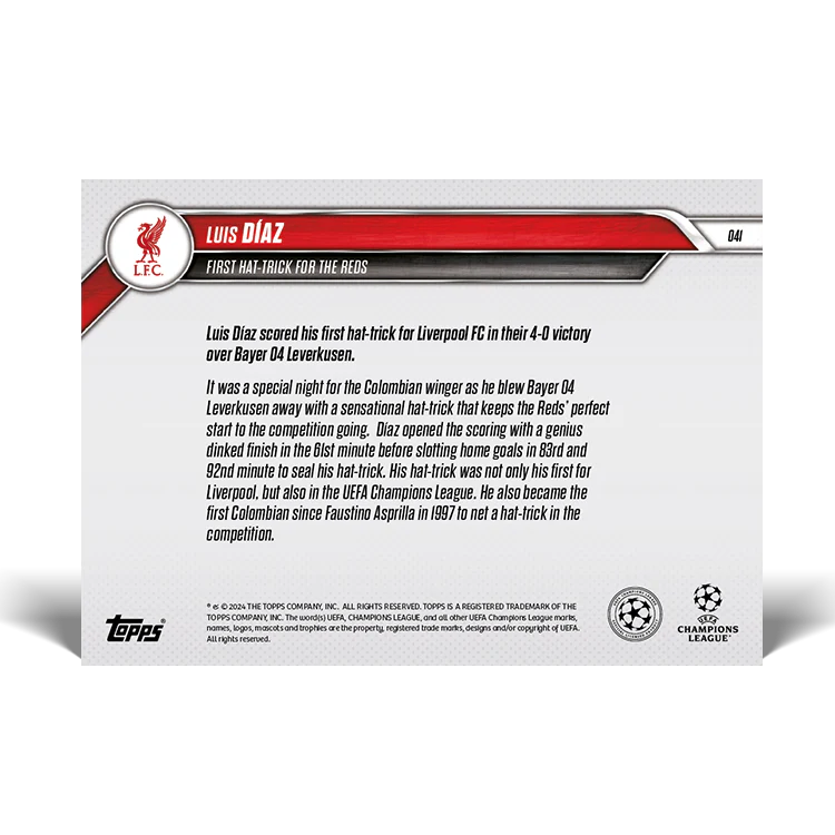 Luis Díaz - First hat-trick for the Reds - 24/25 UCC Topps NOW® Card 41