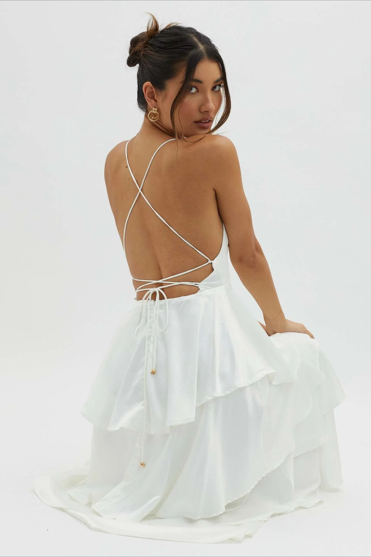Satin V-Neck Cami Tiered Slim Maxi Dress