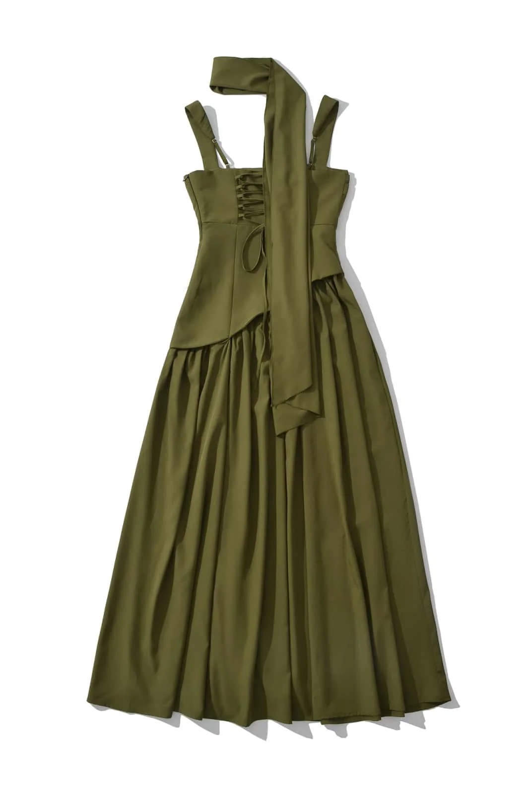 Green Ruched Waist Maxi Dress with Scarf