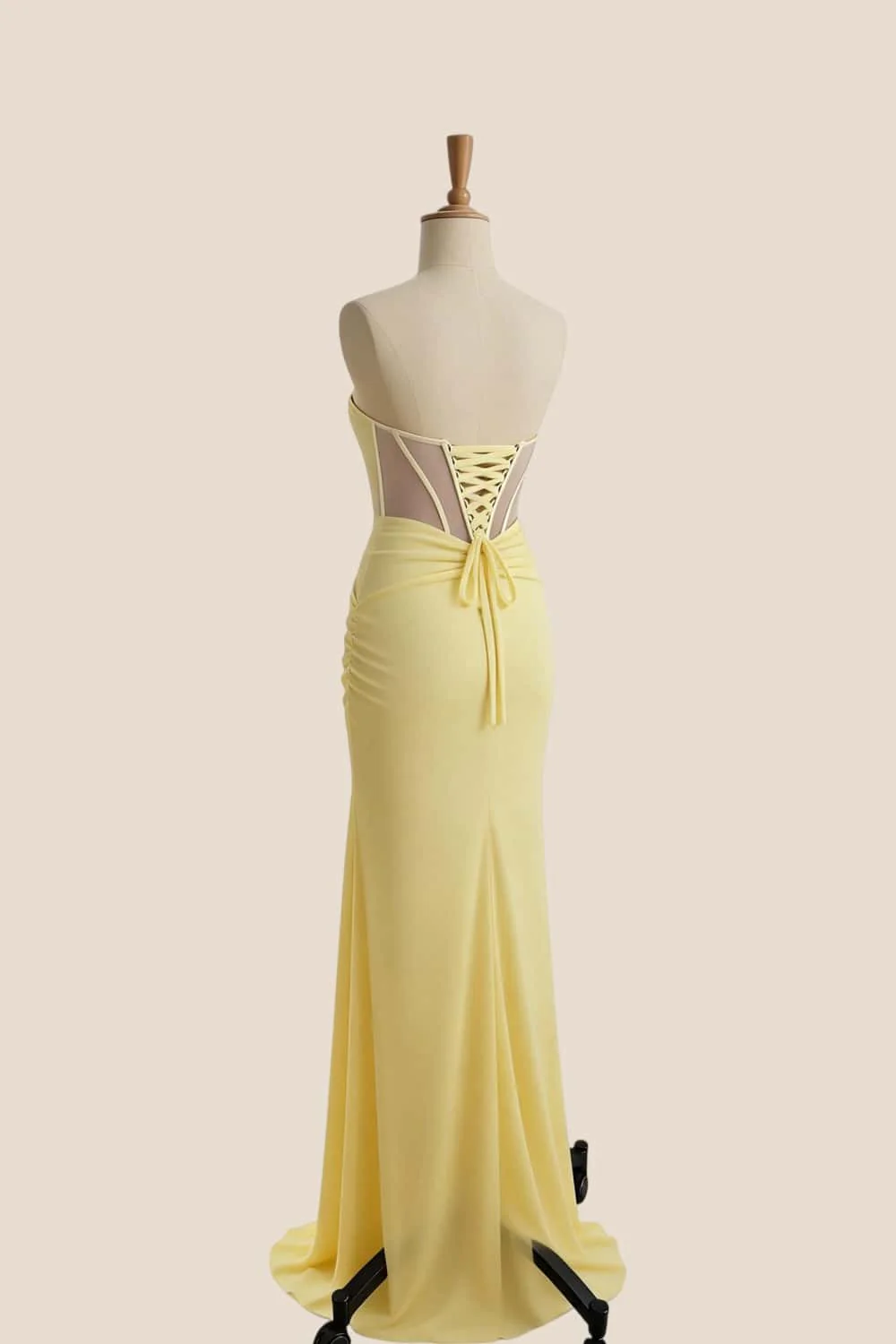 Yellow Corset Ruched Slit Long Prom Dress