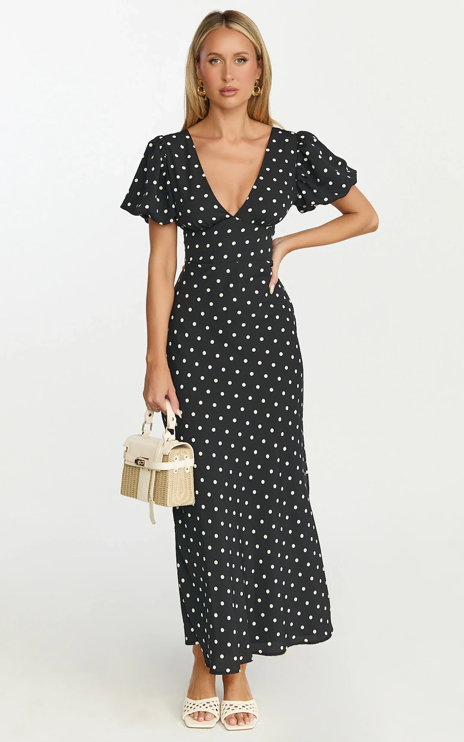 Elise Midi Dress - V Neck Puff Sleeve Dress in Black Polka