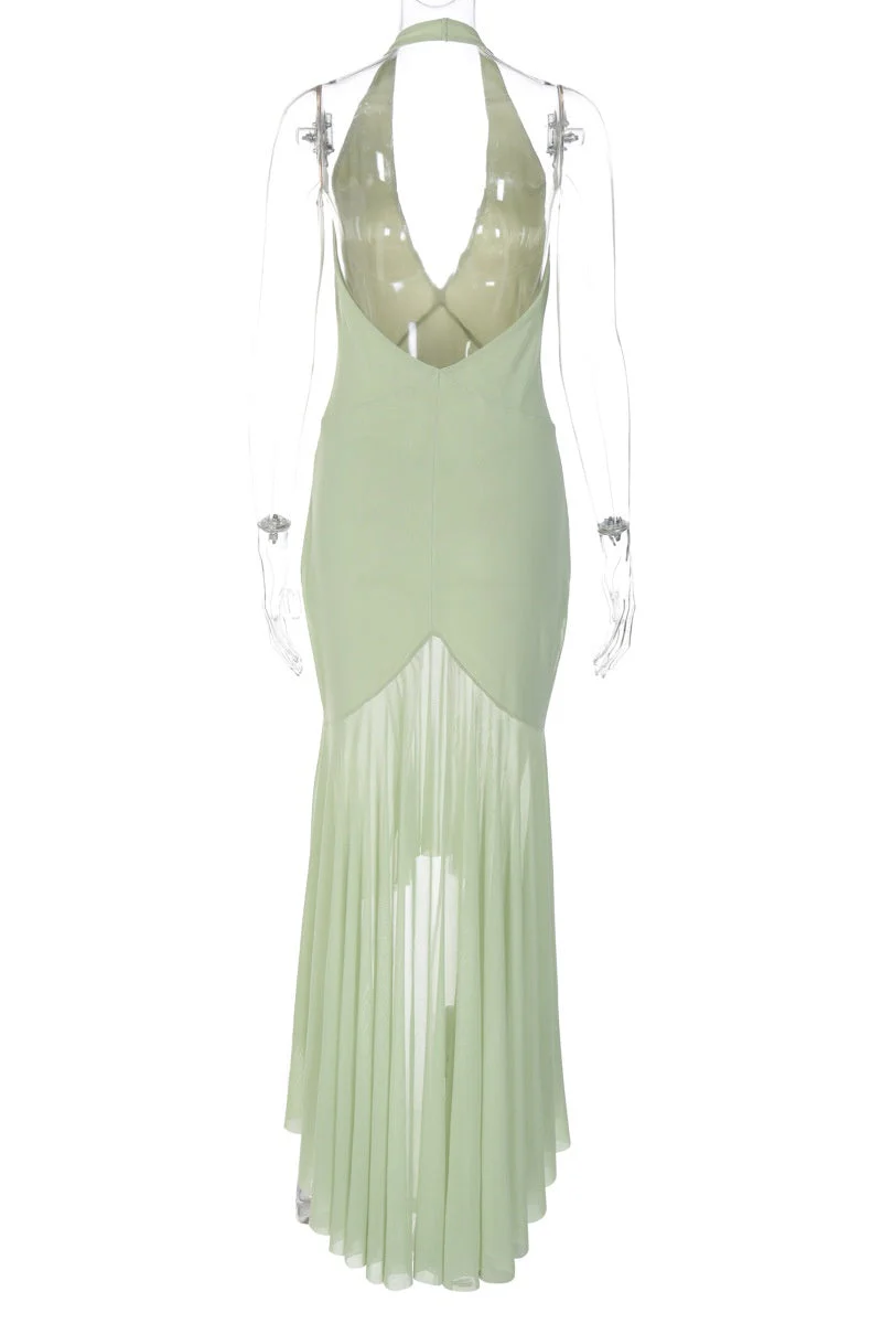 Halter Plunge Sage Fitted Maxi Dress
