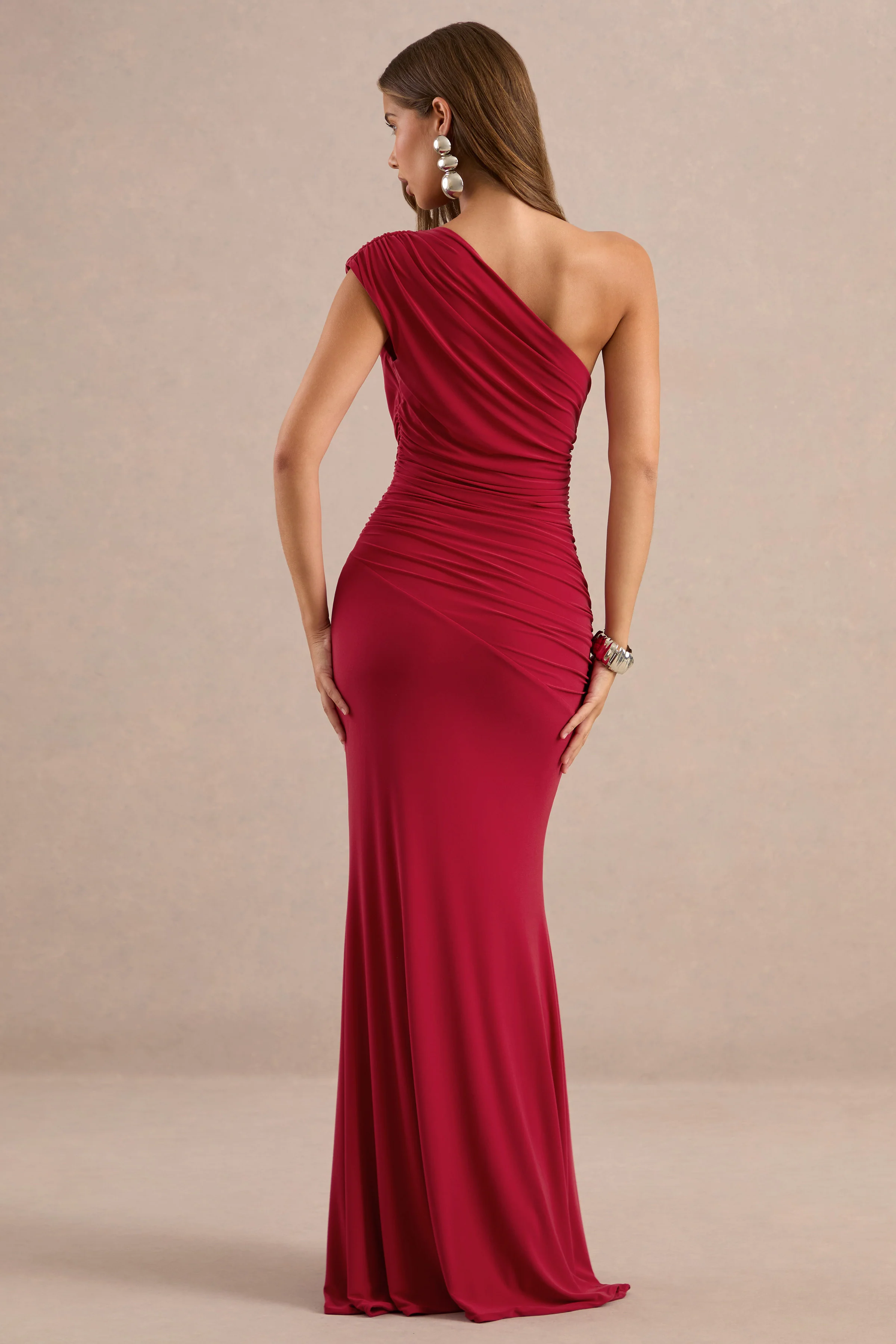Mardi | Red Asymmetric Maxi Dress With Ruching