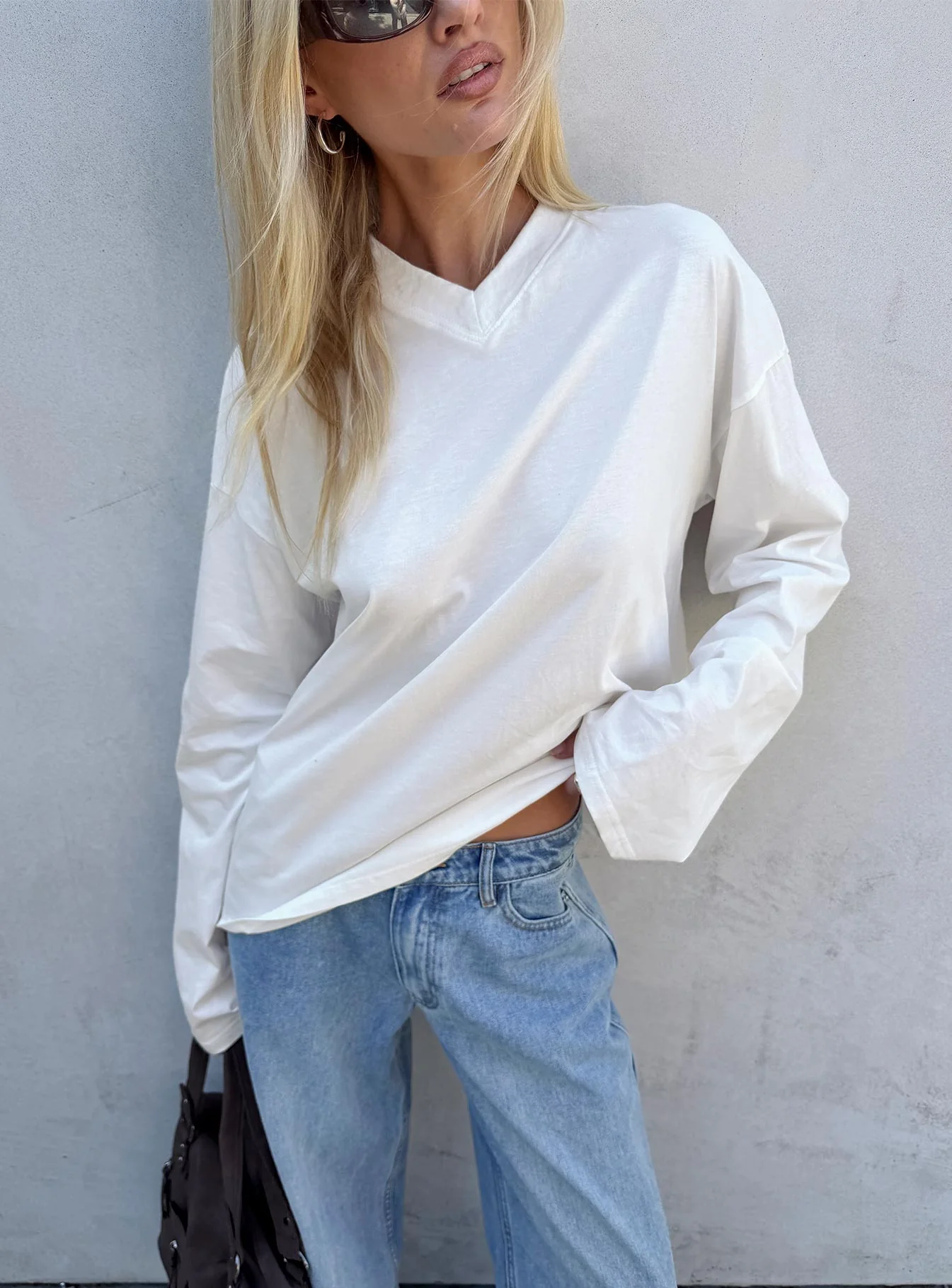 Settle Down Long Sleeve V Neck Top White