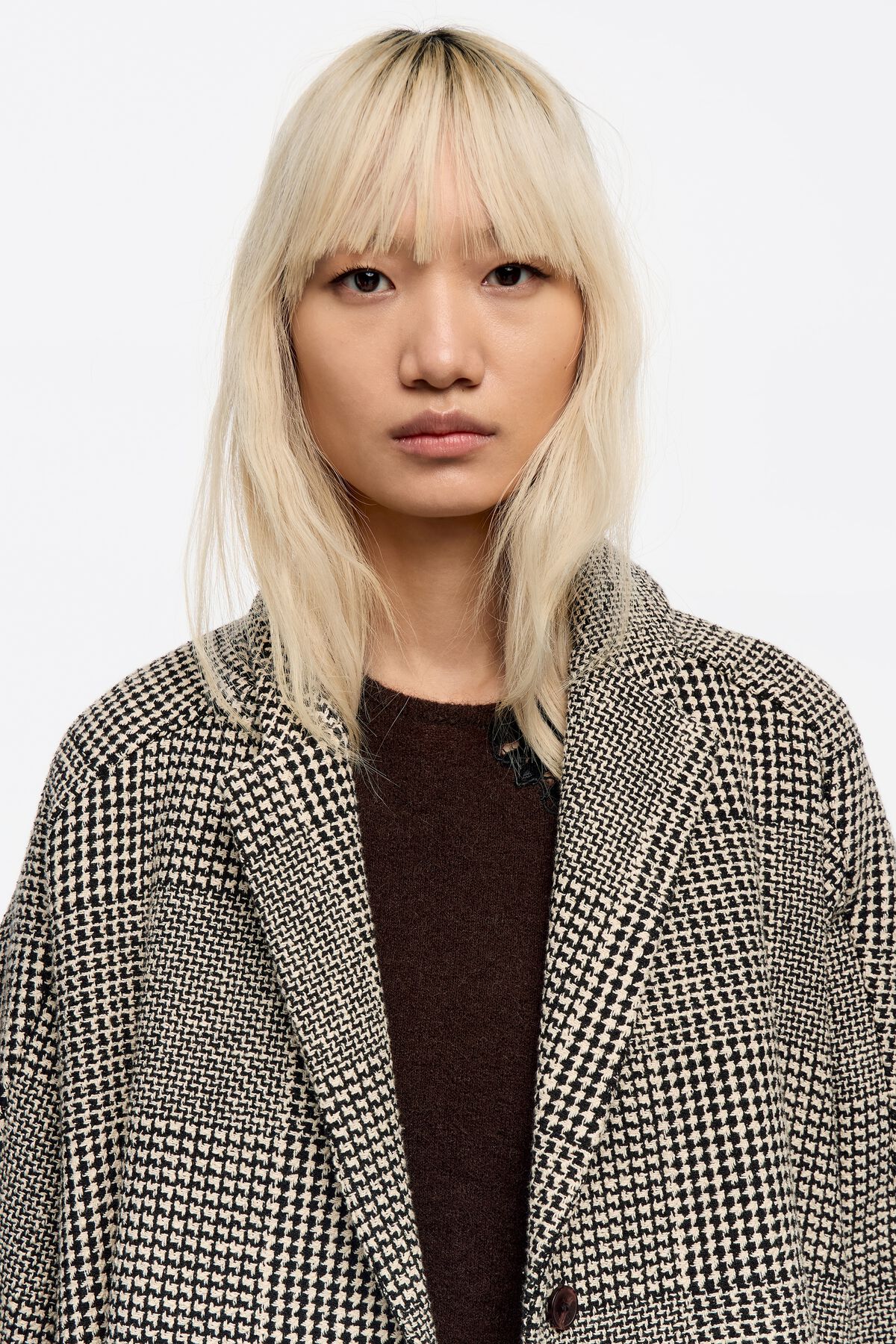 Black checked double-breasted midi jacket