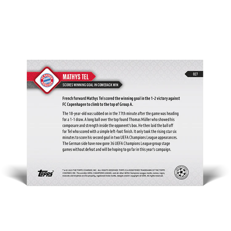 Topps UK - Mathys Tel - Scores winning goal in comeback win - UCL TOPPS NOW® Card #27